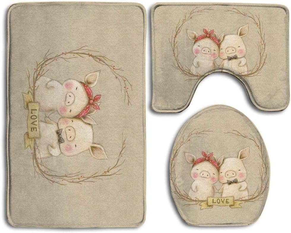 Bath Mat,3 Piece Bathroom Rug Set,Pig Love Non Slip Toilet Seat Cover Set,Large Contour Mat,Lid Cover For Men/Women