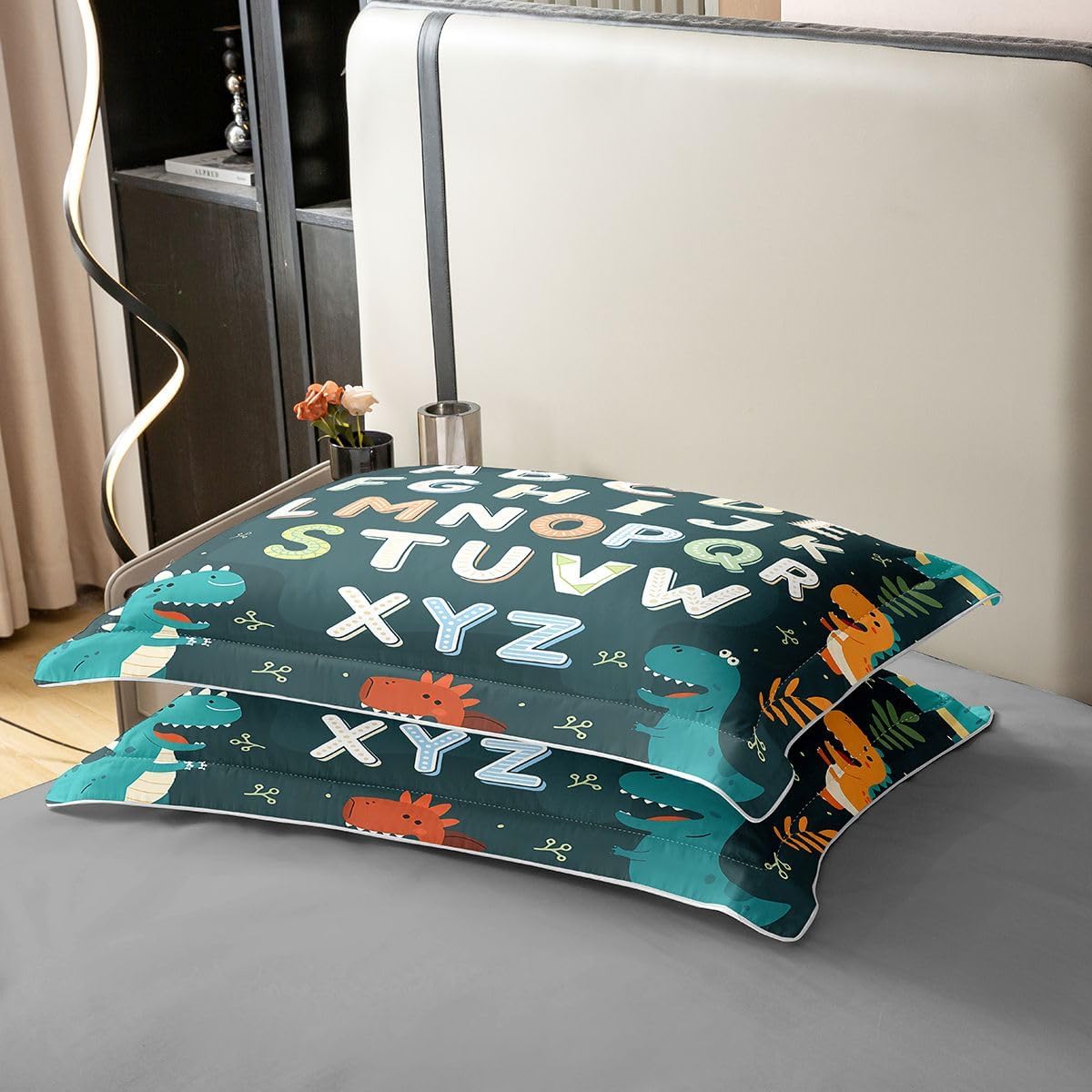 Alphabet Kids ABC Learning 100% Cotton Duvet Cover Twin Size, Cartoon Dino Comforter Cover Kids Educational Nursery Art Bedding Set for Boys Girls Jungle Dino Bedspread Cover 2Pcs with 1 Pillow Case