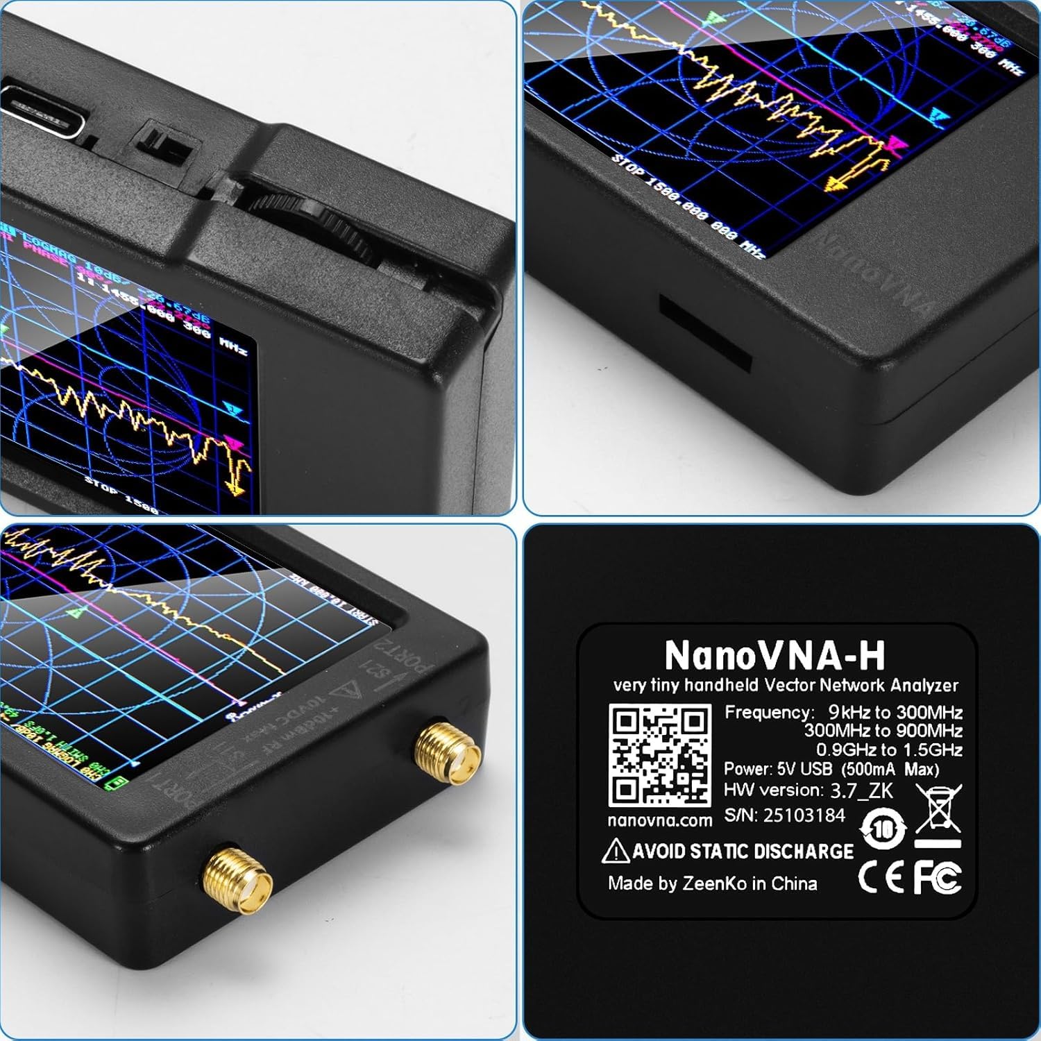 AURSINC NanoVNA-H Analizzatore di Rete Vettoriale, Ultima Versione V3.7, 9KHz-1.5GHz MF HF VHF UHF, Analizzatore di antenne per radioamatori, Supporto SD Card, per i parametri S, SWR, Smith