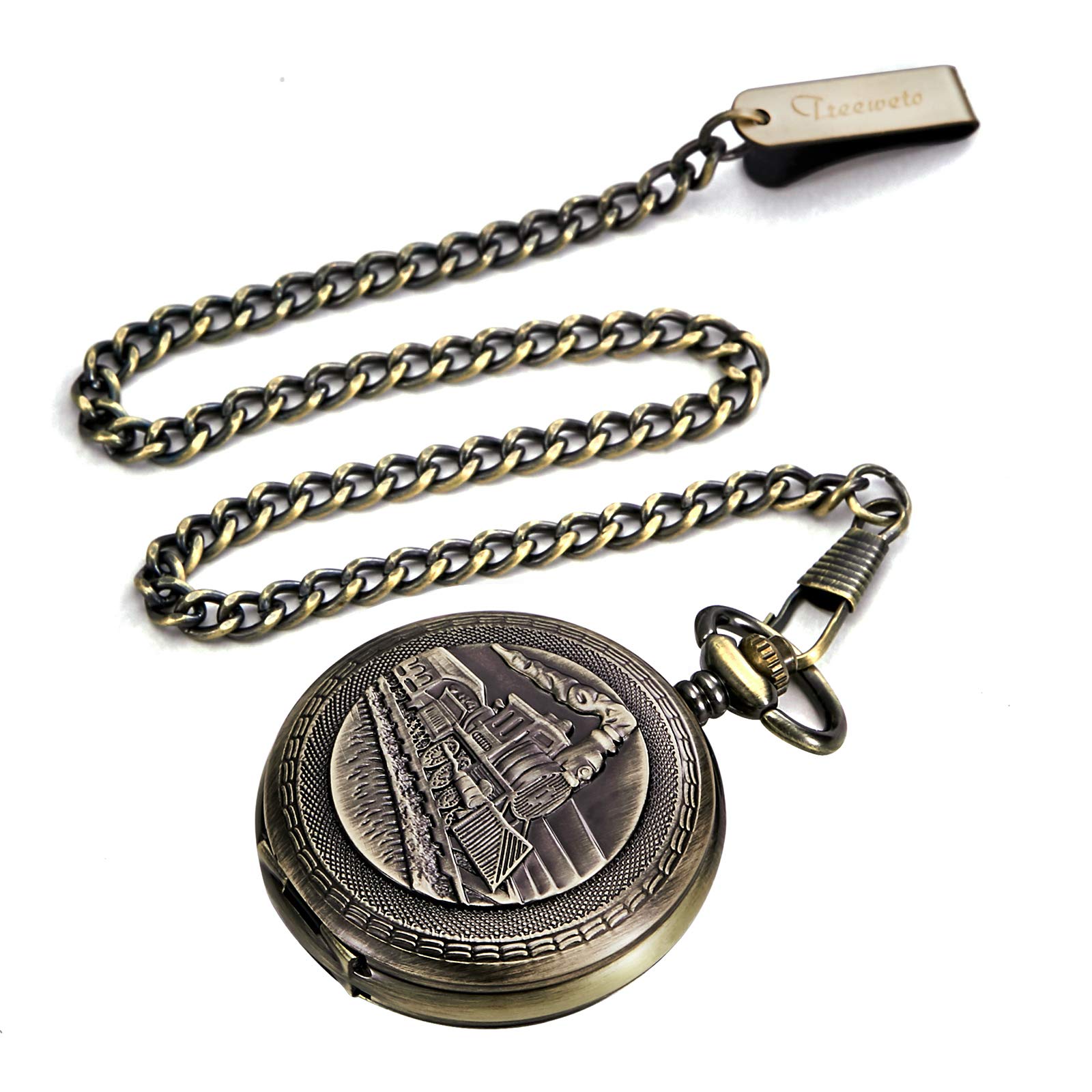 TREEWETO Montre de Poche mécanique Antique pour Homme et Femme, boîtier en Bronze, Train à Vapeur, Chemin de Fer, Chiffres Romains, Bronze, Antique