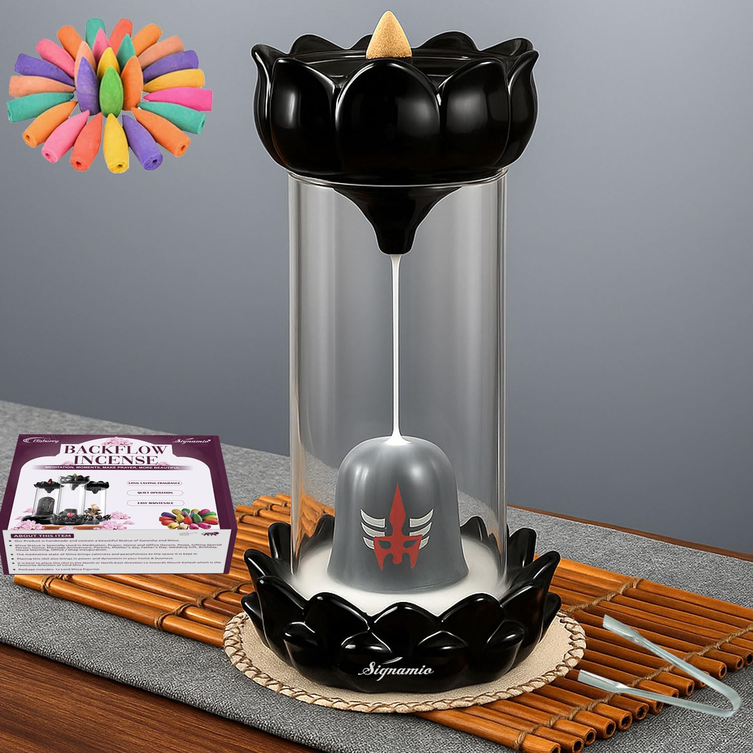 SIGNAMIO Upgraded Essence of Shiva Smoke Fountain Aromatic Fountain Lord Shiva Idol shivling Ceramic Incense Holder with 30 Backflow Incense Cones,Home Decor-1-Pcs/30 Cones-DN-2