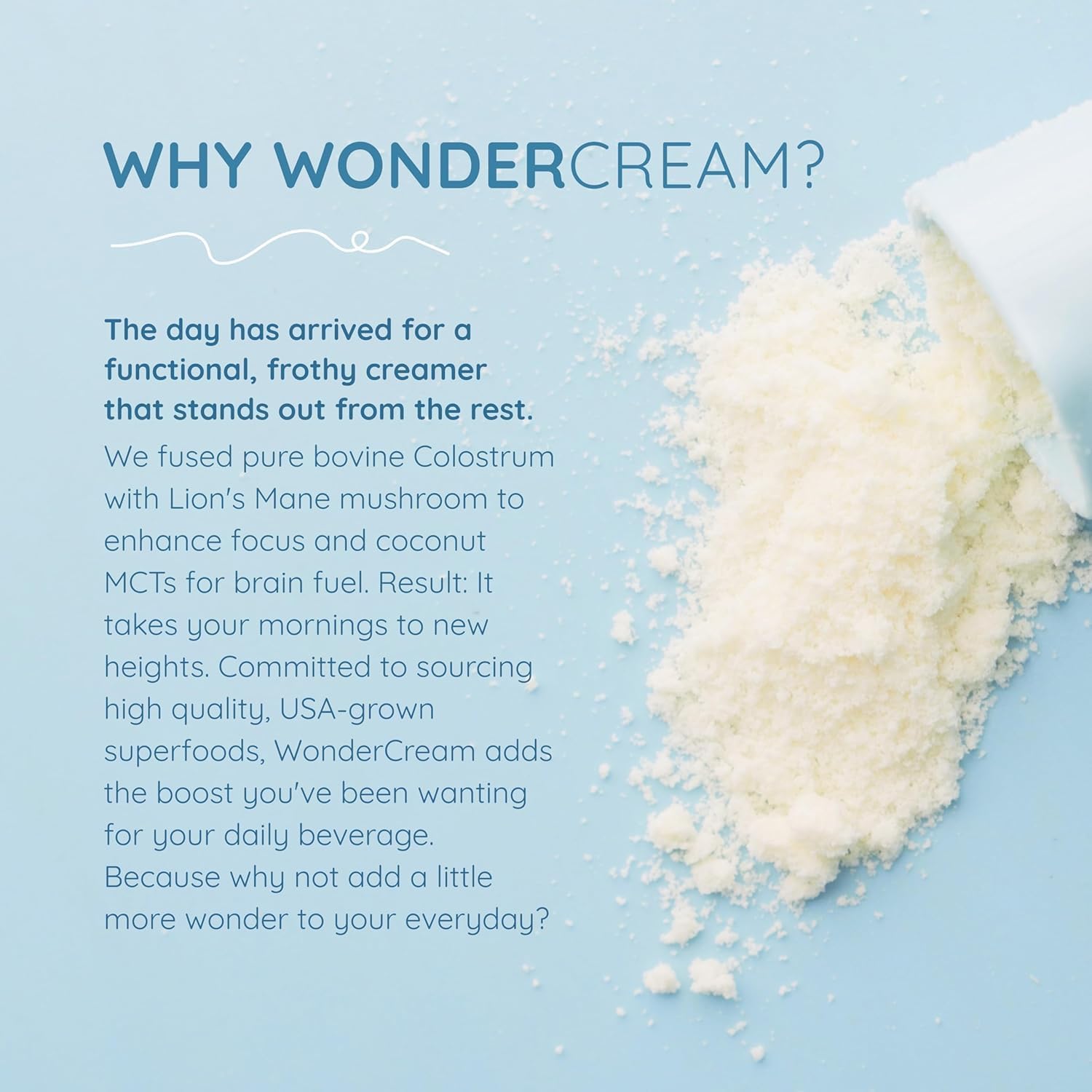 WONDERCOW Bovine Colostrum Superfood Creamer Supplement Powder w/Organic Lions Mane Mushroom & Coconut Milk Powder MCTs | Functional Sugar Free Keto Coffee, Smoothie & Drink Mix Unsweetened