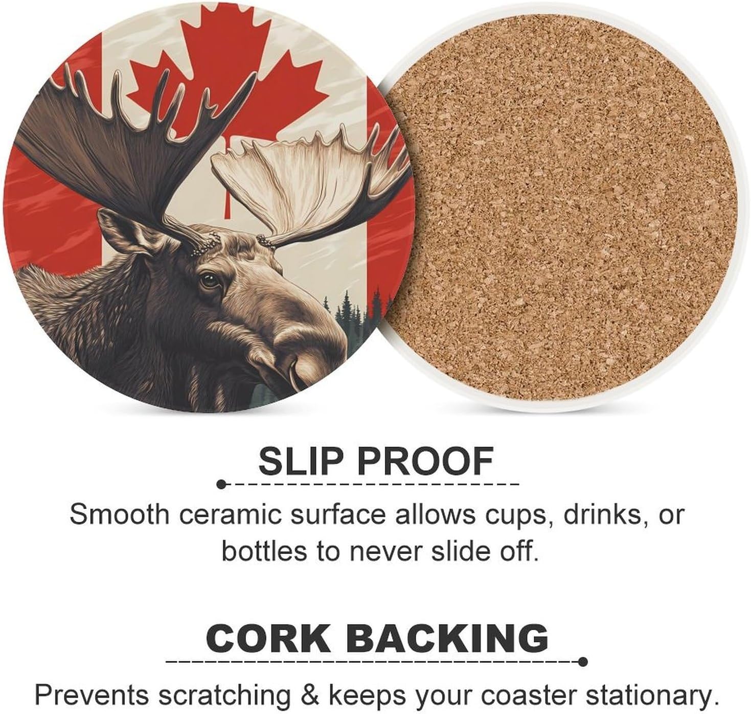 Moose Canada Flag Round Ceramic Coasters Print Drinks Absorbent with Cork Base for Home Decor Gifts 4 Inch