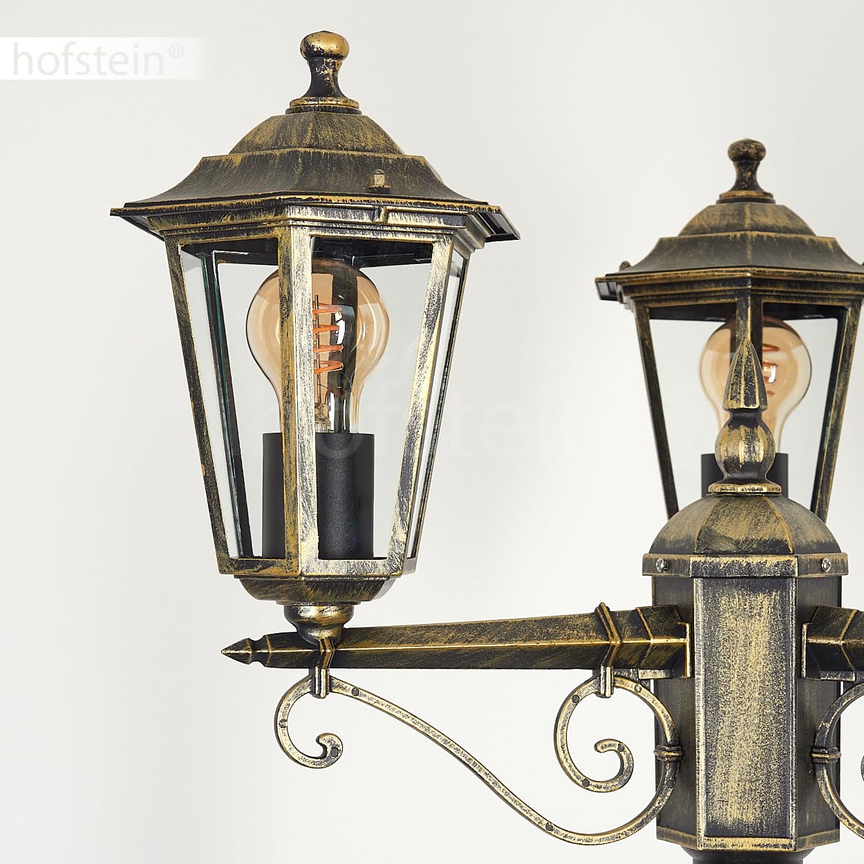 Lampa zewnętrzna Loria, oświetlenie ścieżki z metalu/szkła w kolorze złotym/brązowym/przezroczystym, kandelabr 3-punktowy antyczny wygląd, wysokość maks. 200 cm, oświetlenie ogrodowe IP44, 3 x E27,