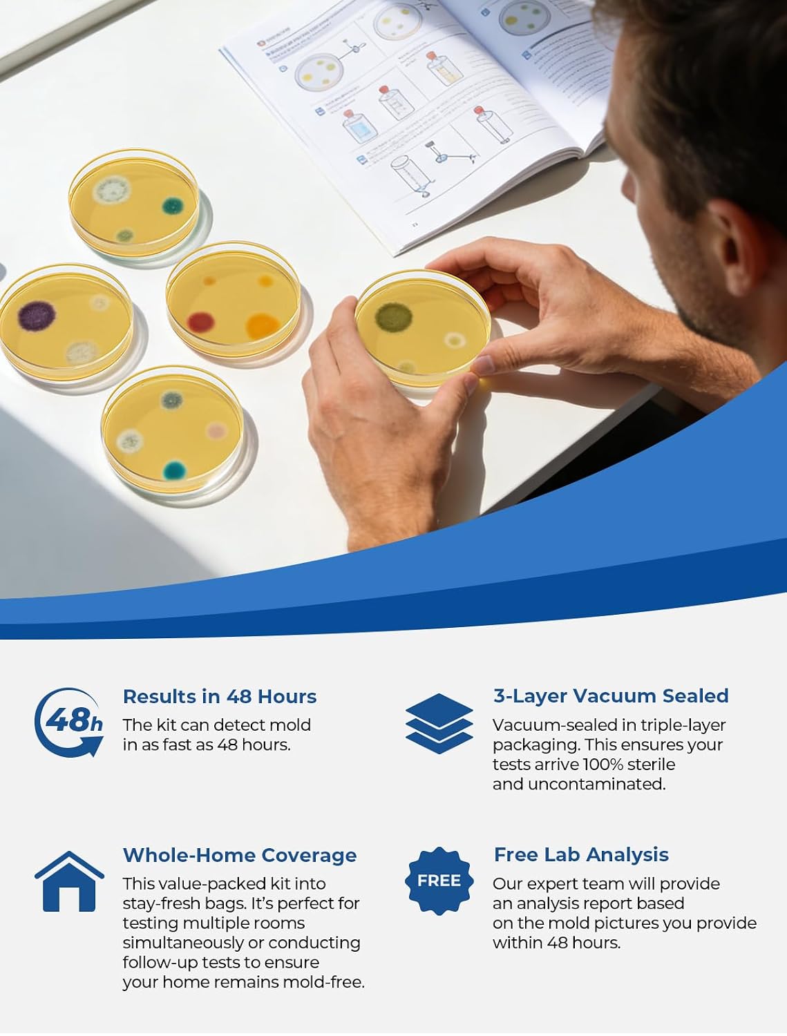 6 Packs Agar Petri Dishes Home Mold Test Kit, Science Project Kit, Mushroom Grow, Potato Dextrose Agar Plates Test HVAC System,Home Surfaces, Air Quality Includes Detailed Mold Identification Guide
