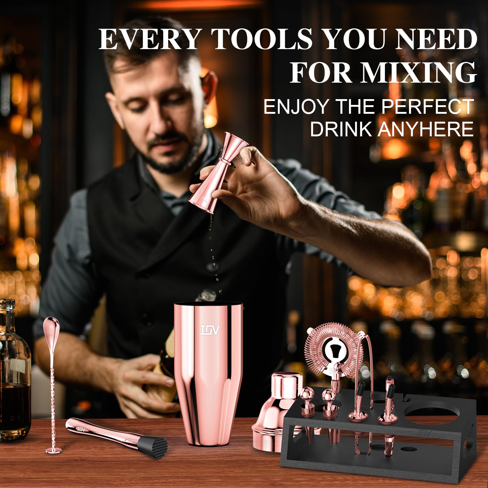 IOV Mixology - Kit da barista con supporto, set da 12 shaker per cocktail, shaker per martini da 680,4 g, per miscelare bevande, set da bar include tutti gli strumenti da bar e il libretto di ricette,