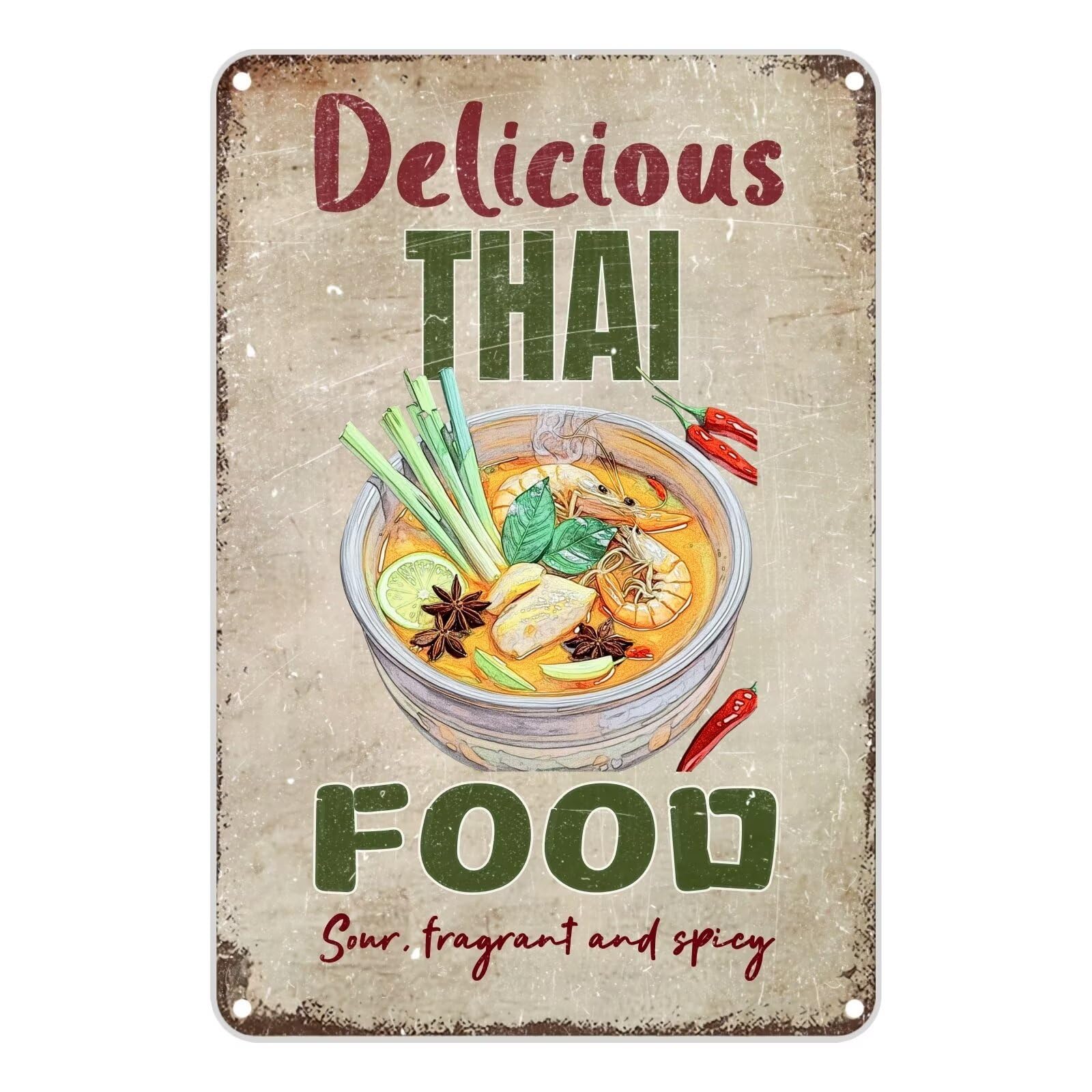 Vintage Metal Sign Aluminum Sign 8x12 inch DELICIOUS THAI FOOD Sour Fragrant And Spicy Tom Yum Soup Tin Sign Retro Wall Decor for Home, Cafe, and Garden - For Home Decor