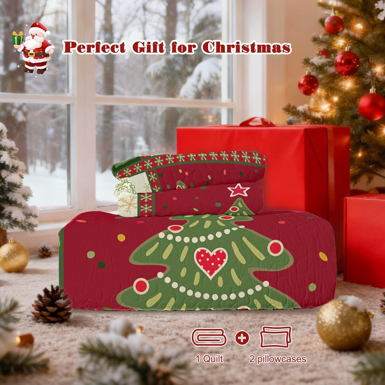 BlessLiving 3 Piece Cute Christmas Tree Quilt Set Red Green Queen Size Snowflakes Pattern Bedspread 90 x90 Inches Lightweight Coverlet Summer Comforter Set Bed Cover (1 Quilt + 2 Shams) - Image 9