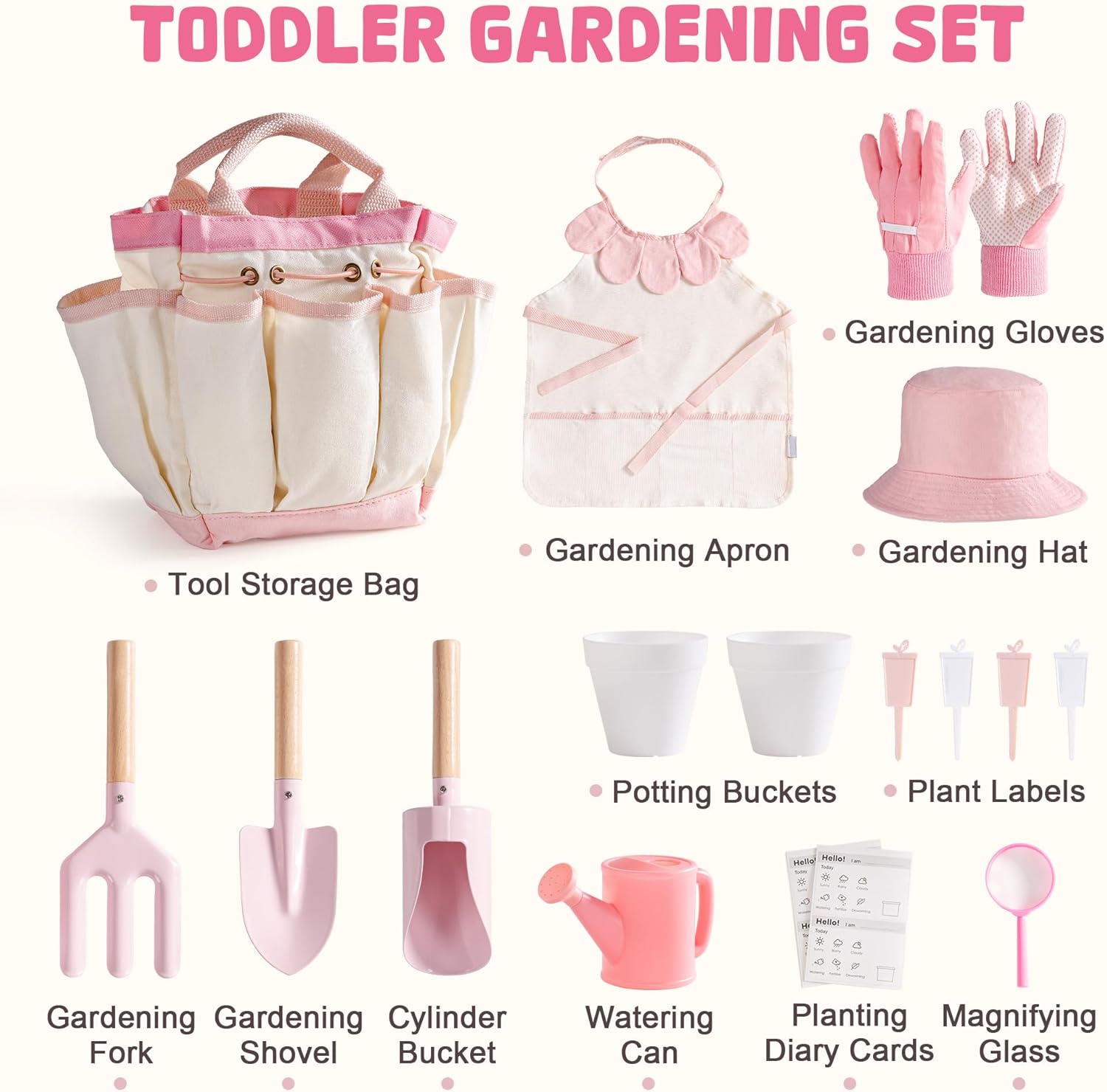 ROBOTIME Kids Gardening Set, 17PCS Kids Gardening Tools for Girls, Toddler Gardening Set with Hat, Apron, Gloves, Watering Can & Tool Bag – Outdoor Garden Toy Kit (Pink)