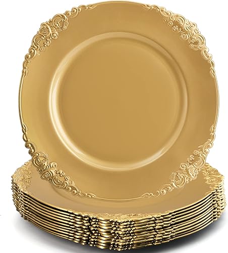 Okllen Paquete de 12 platos de carga dorados, platos redondos de 13 pulgadas con borde en relieve, platos decorativos para servir cenas, bodas,