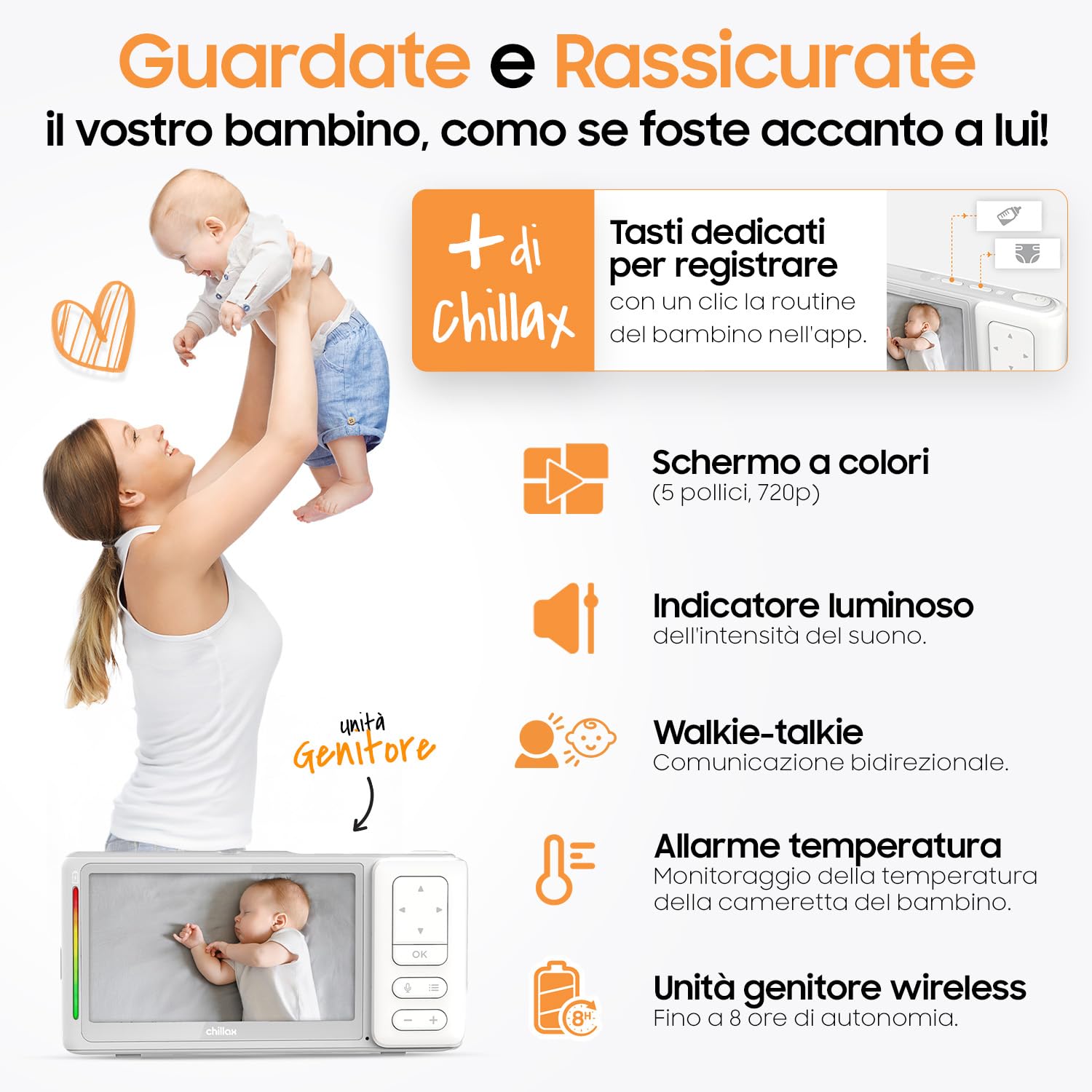 CHILLAX - Baby monitor Video Candle - LCD HD 5'' - Camera 2K QHD controllabile a distanza - Visione notturna - Sensore temperatura - WalkieTalkie - Luci notturne & ninnenanne - WiFi On/Off - App