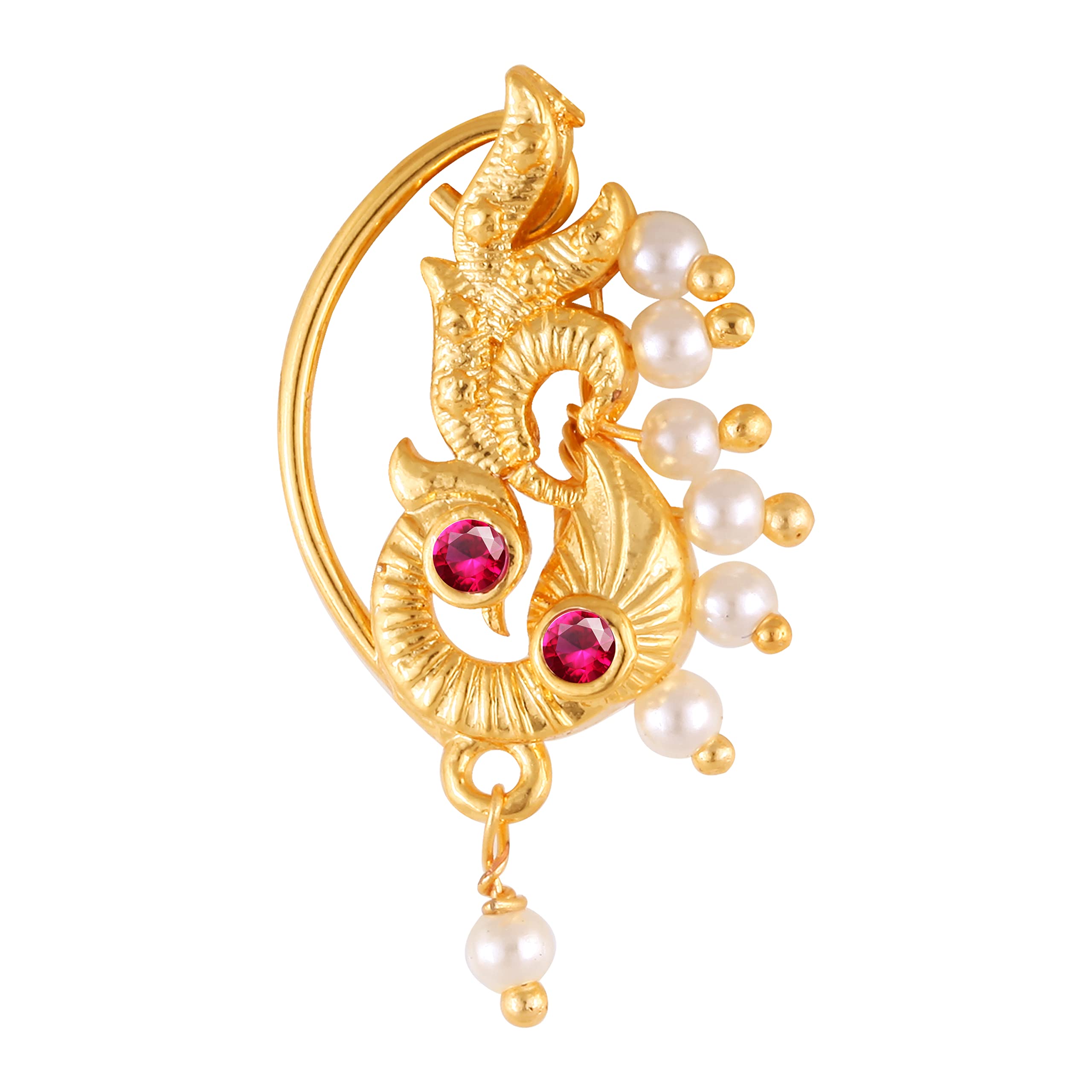 Vighnaharta Mayur with Pearl Alloy and CZ Red stone Non Piercing Maharashtrian Nath Nathiya./ Nose Pin valentine day gift valentineday gift for her gift for him gift for women gift for women {VFJ1150NTH-Press }-image-27