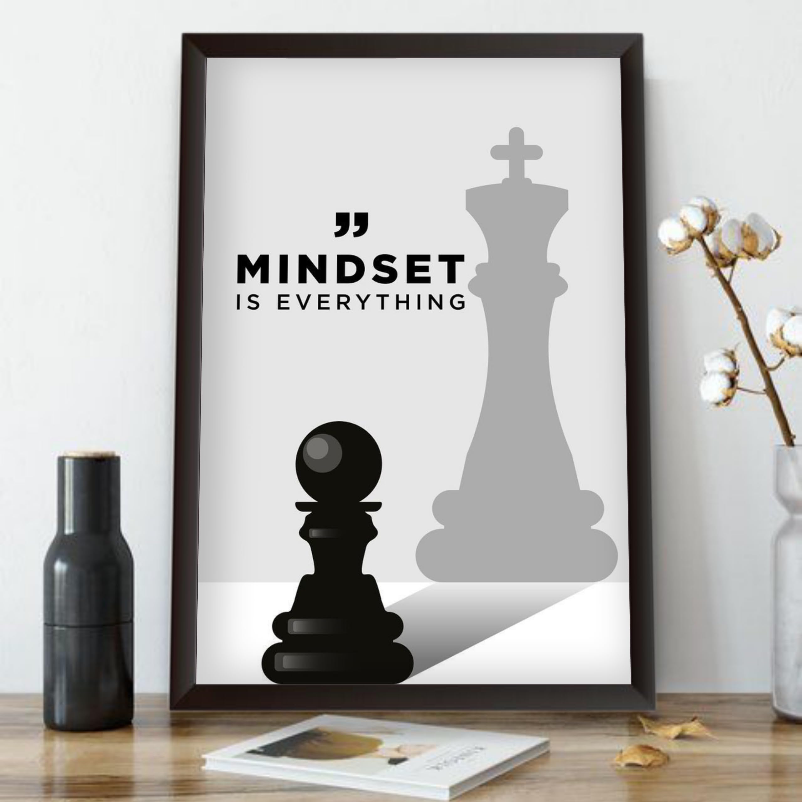 Waltractive "Mindset is Everything Chess Motivational Framed Poster - Minimalist Artwork - Inspirational Wall Decor for Home & Office - Sleek Black Frame - Available in 33x22 and 48x33 CM