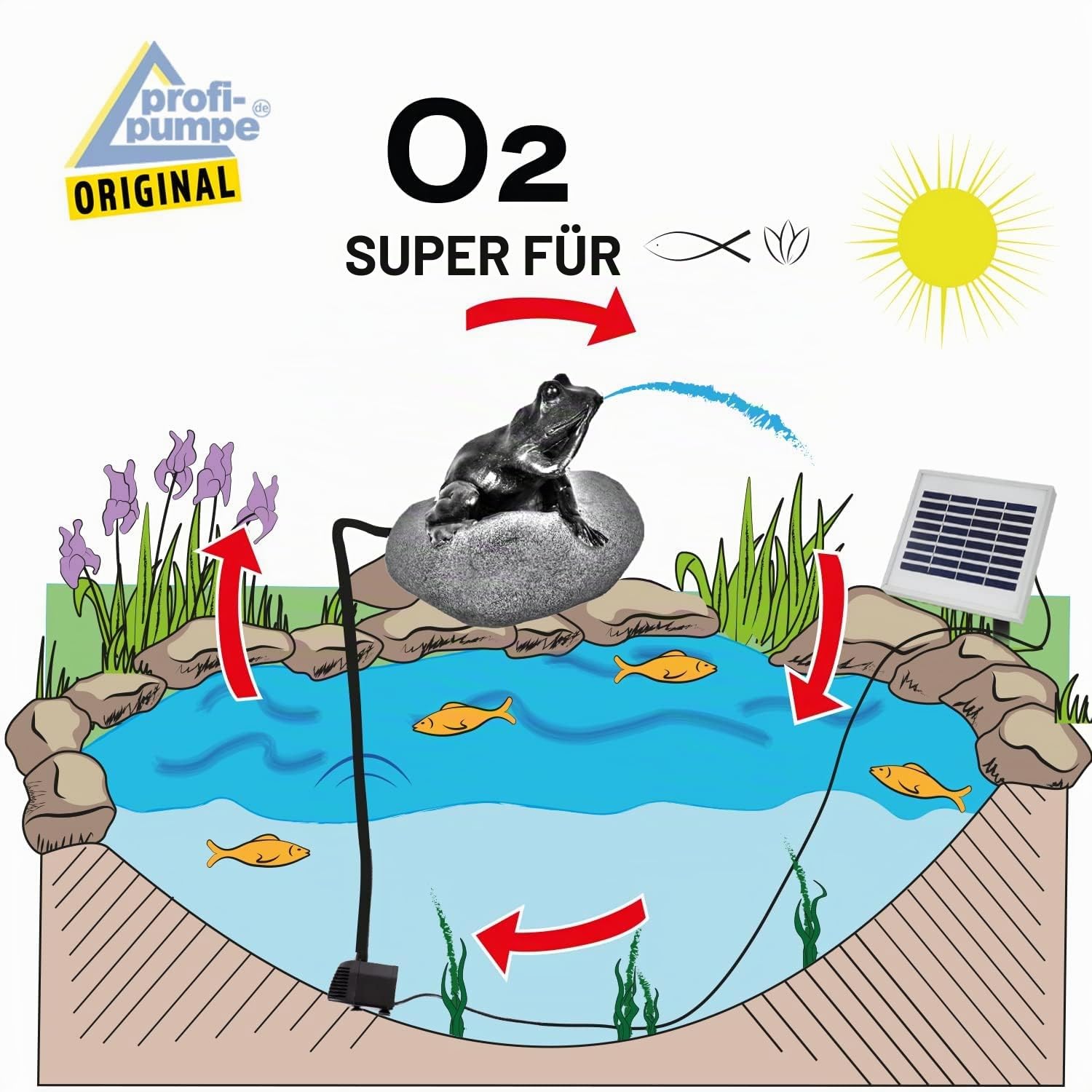 Wasserspeier Frosch Solar Teichpumpe Set f. Garten, Teich, Terasse