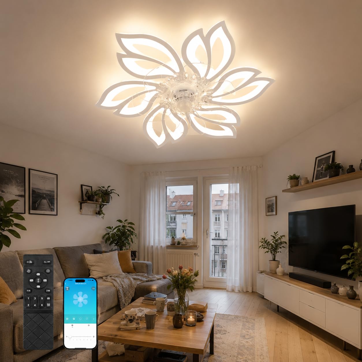 Homefire Deckenventilator Mit Beleuchtung und Fernbedienung Leise - LED Deckenlampe APP Dimmbar Ventilator Timing Deckenleuchte Kreativer 6 Lichter Design Wohnzimmer Fan Winter/Sommer für Schlafzimmer