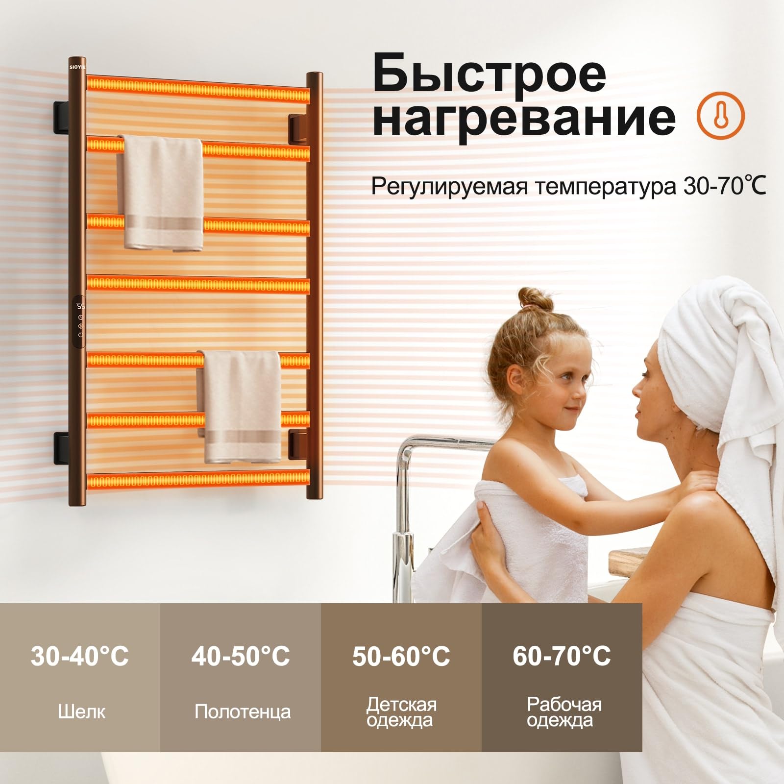 GM Ultra Towel Warmer, Electric Heated Towel Racks with Intelligent Touch Screen Timer and Temperature Control, 150W 7 Bars Wall Mounted Towel Warmer Racks, Hard Wired/Plug-in, Black