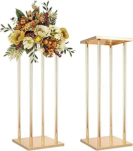 2 Pcs Column Vases Wedding Centerpieces for Tables, 23.6inch Metal Flower Stand Gold Wedding Centerpieces Tall Vases Geometric Flower Stand for Wedding Decorations, Birthday, Event, Home