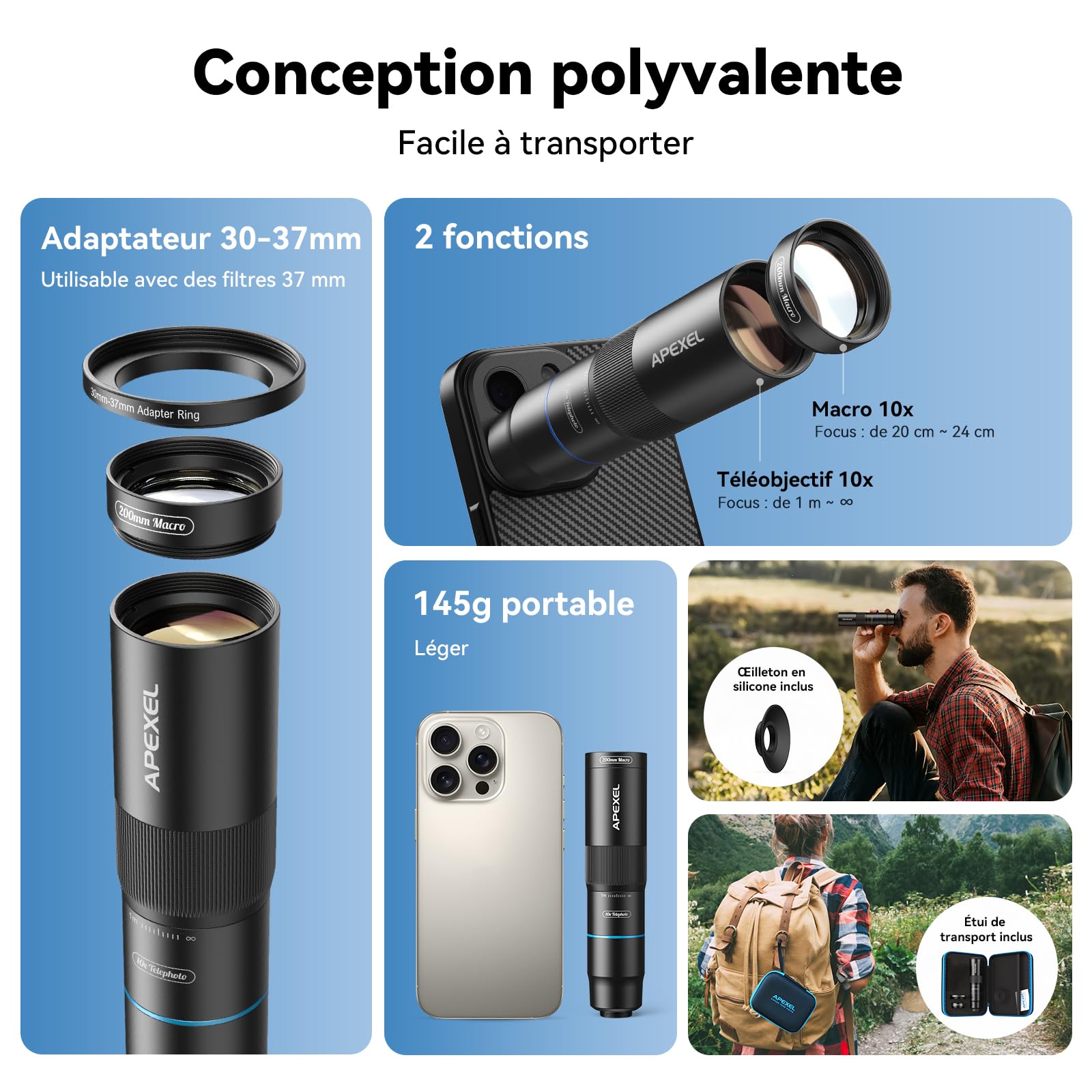 APEXEL Objectif Téléobjectif Compact 10x & Objectif Macro 200 mm avec Étui de Téléphone Dédié, Objectif FMC Ed Professionnelle, Compatible avec iPhone 17