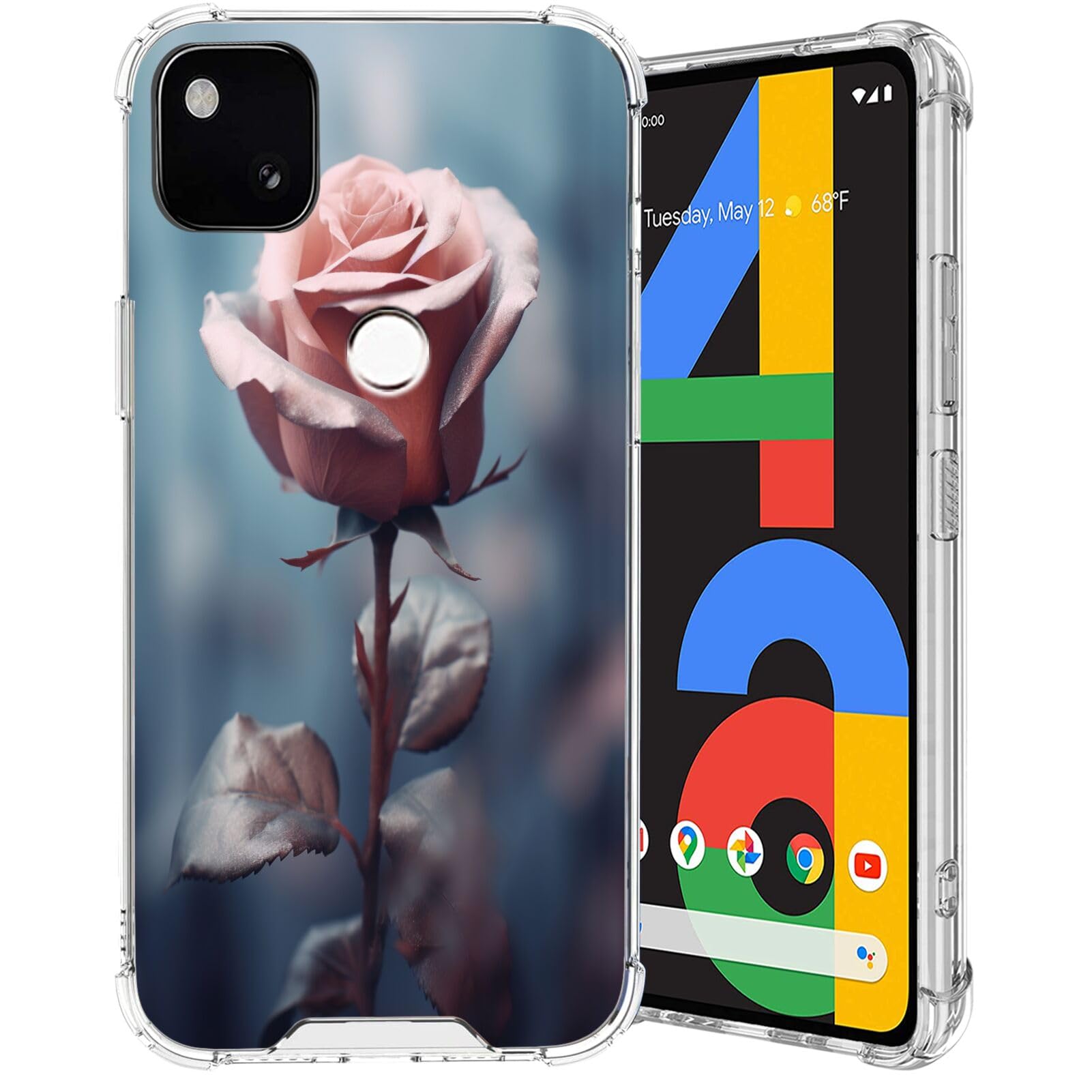 Transparent Phone Case for Google Pixel 4a 5G with Rose Flower-aa854 Pattern Clear Four-Corner Airbag Reinforced Anti-Scratch and Shock-Proof Protective Phone Cover