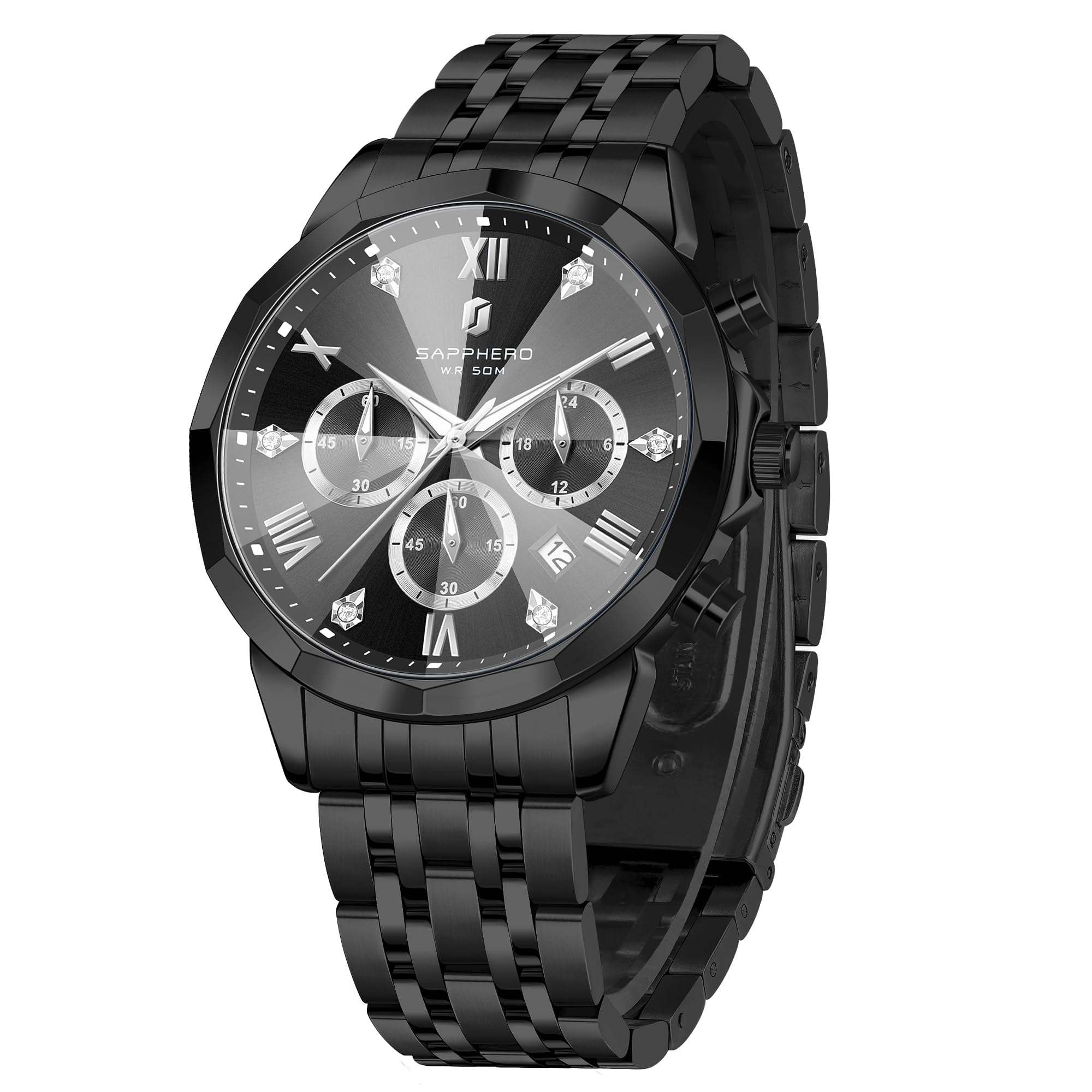 SAPPHERO Uhren Herren Chronograph Analog Quarz 50M Wasserdicht Armbanduhr Herren Mode Lässig Business Herrenuhren mit Kalender Edelstahlarmband Uhr Geschenk für Männer