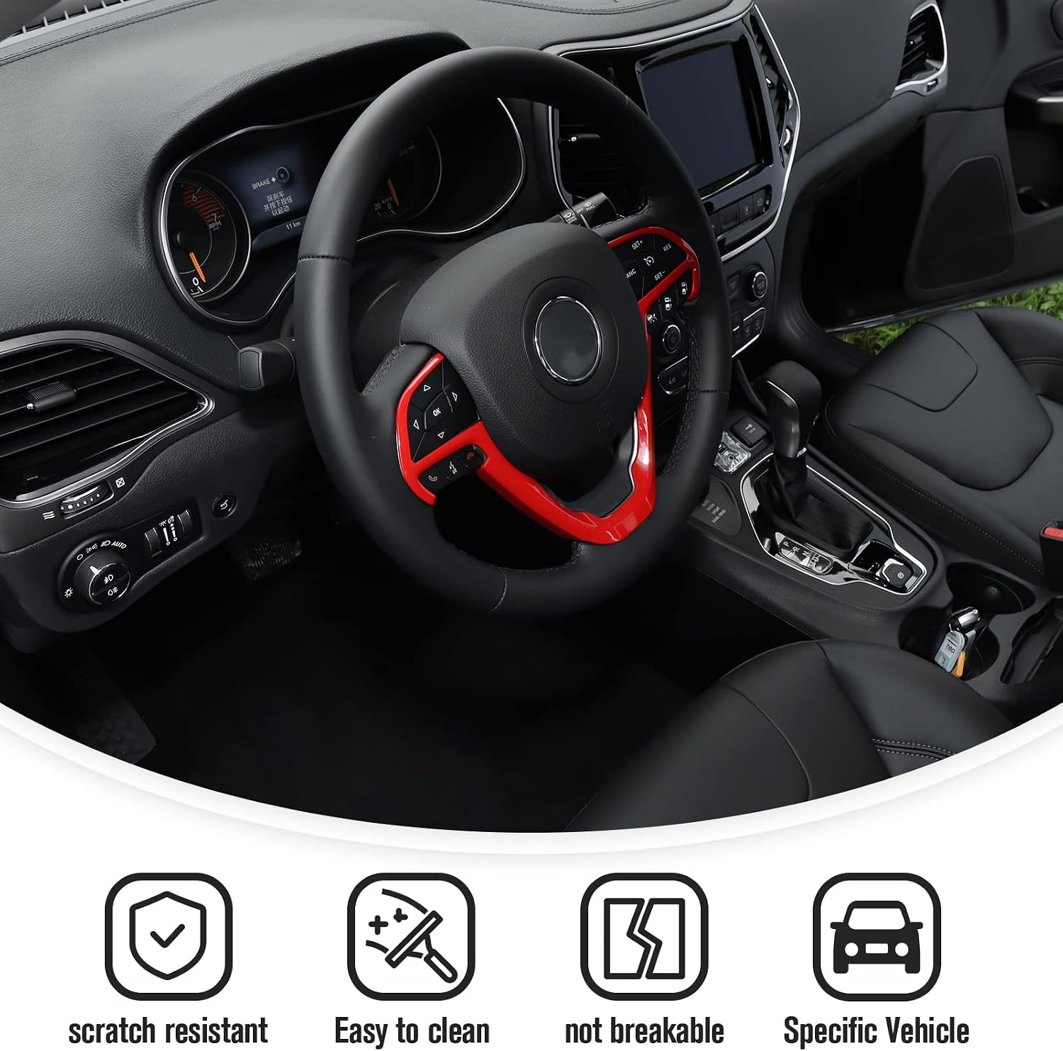 JeCar Steering Wheel Trim Cover Interior Decoration Trim Kit for 2014-2020 Jeep Grand Cherokee & Jeep Cherokee, Red