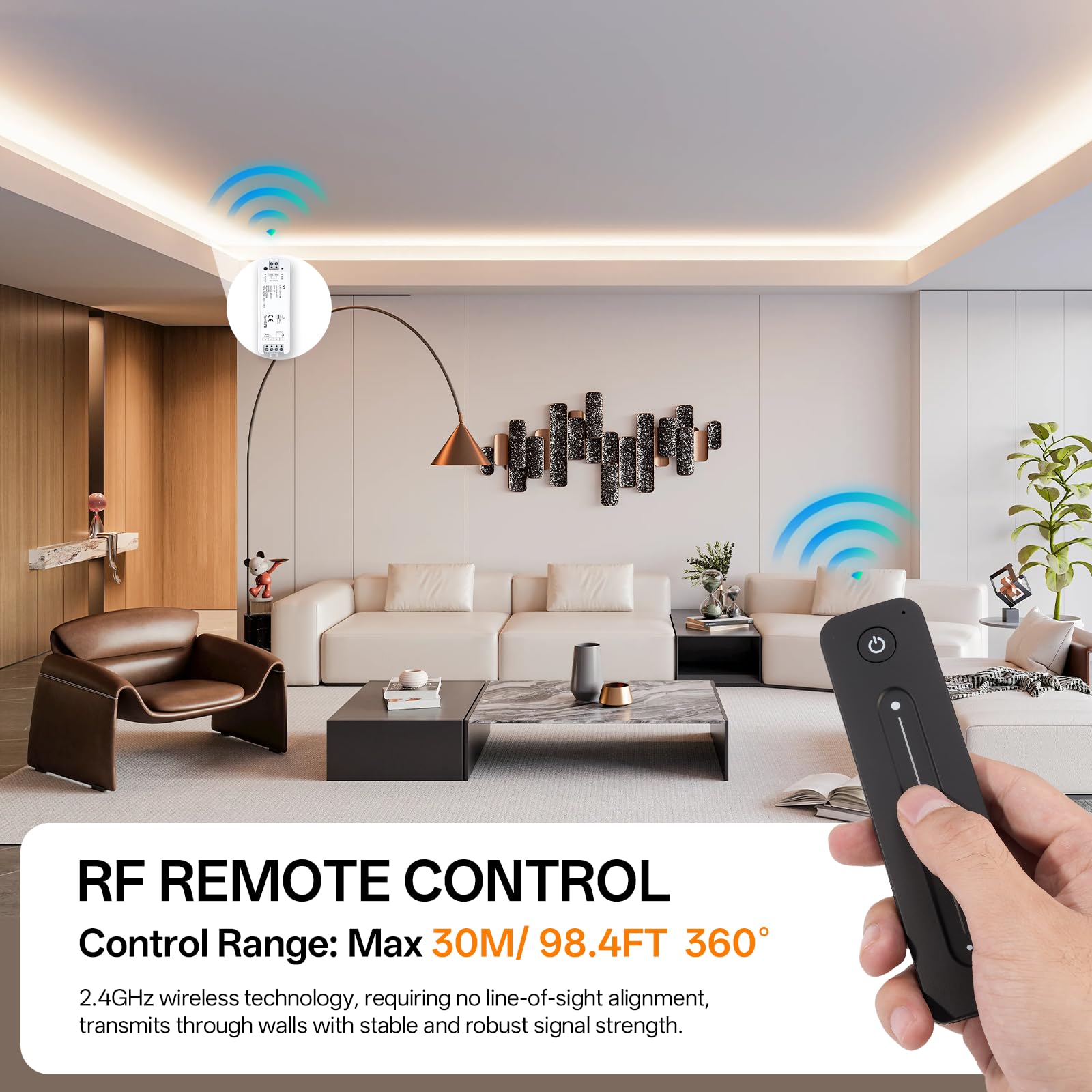 RF 2,4 GHz Variateur de Lumiere LED avec Télécommande, DC 5V-36V 8A Gradateur Contrôleur Montage mural magnétique Pour Couleur Unique Bande LED Lumineuse Dimmable