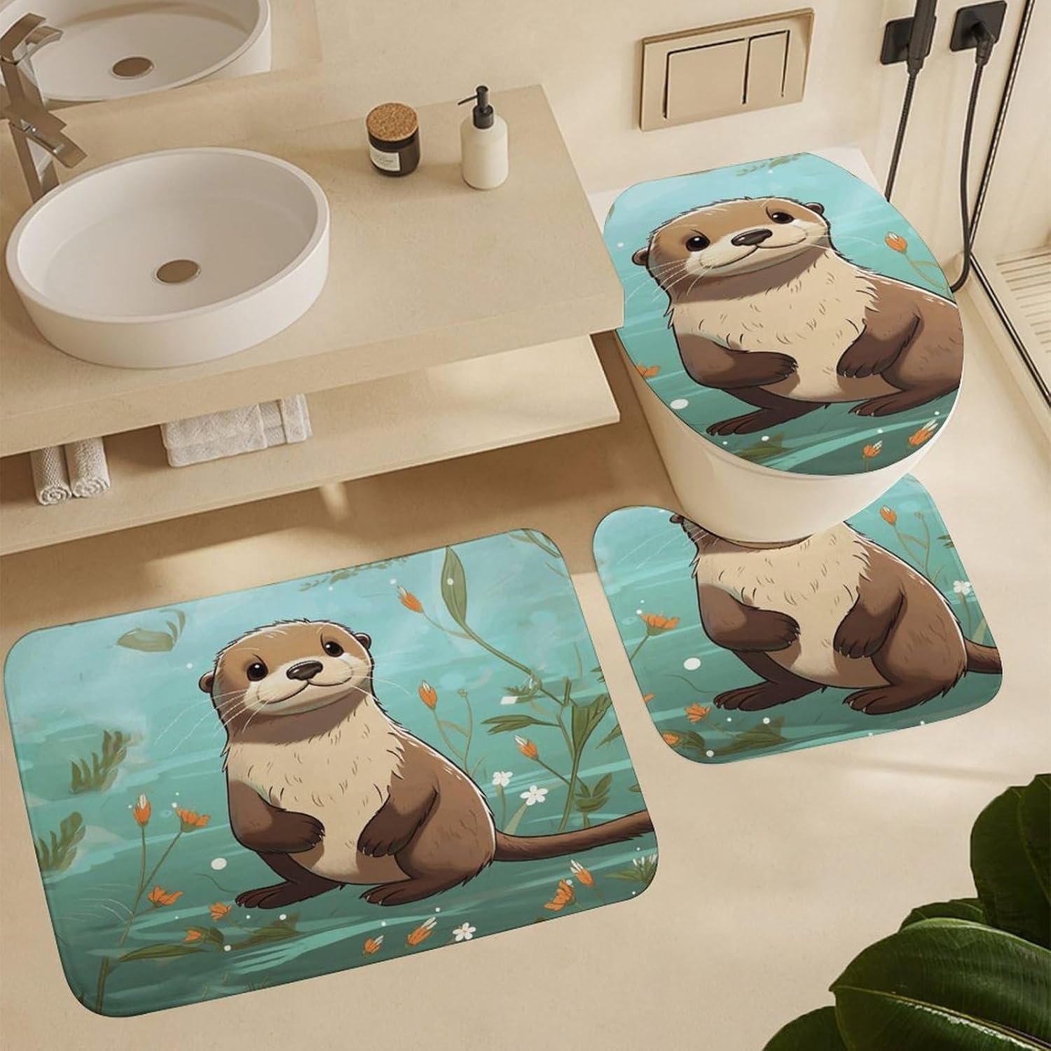 Four Piece Bathroom Set with Toilet Lid Cover and Non-Slip Rugs Minimalist Shower Curtain for Bathroom Set