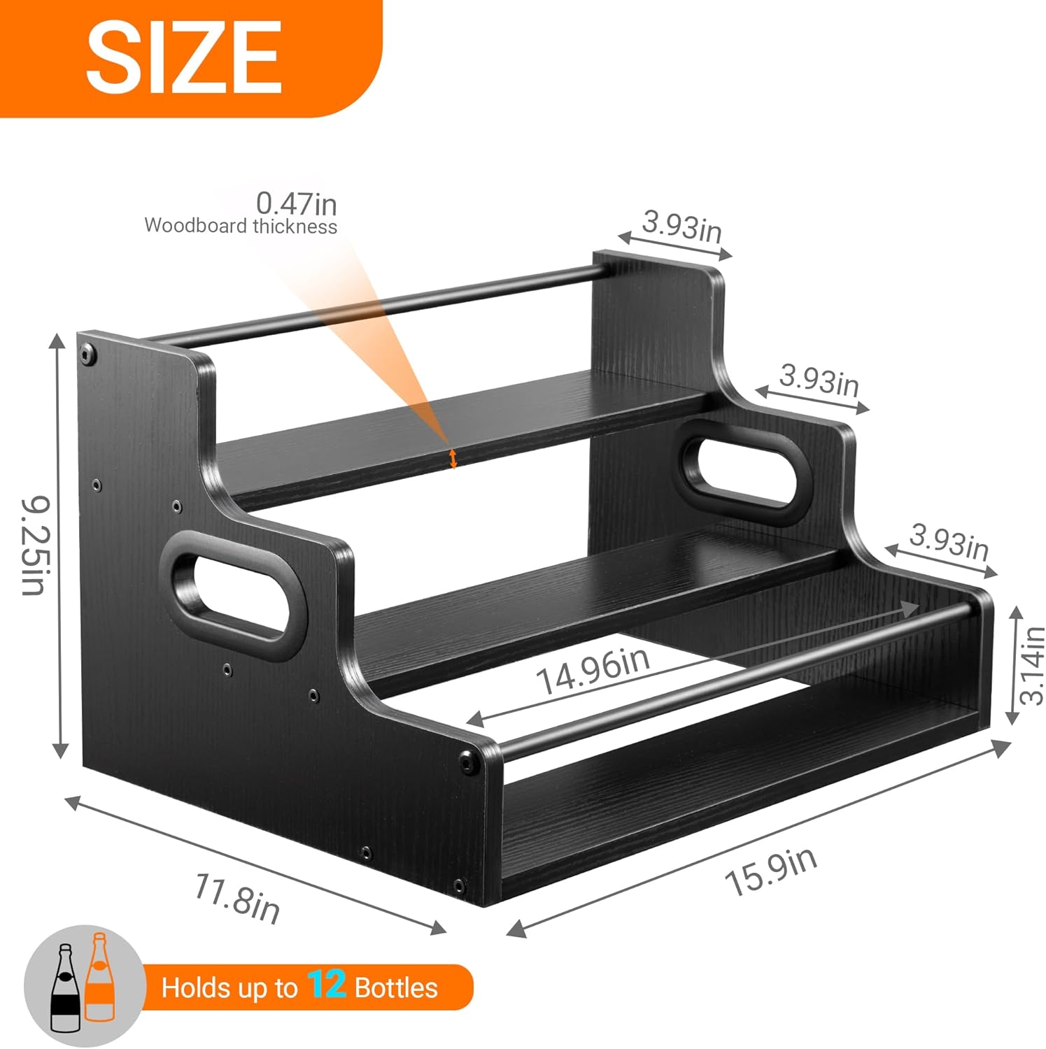 YQBRAO 3-Tier Liquor Bottle Display Shelf,Coffee Syrup Rack Organizer,Water Bottle Organizer, Mini Bar Cabinet, Rustic Bar Shelves for for Liquor Whiskey, Spirits（Black）