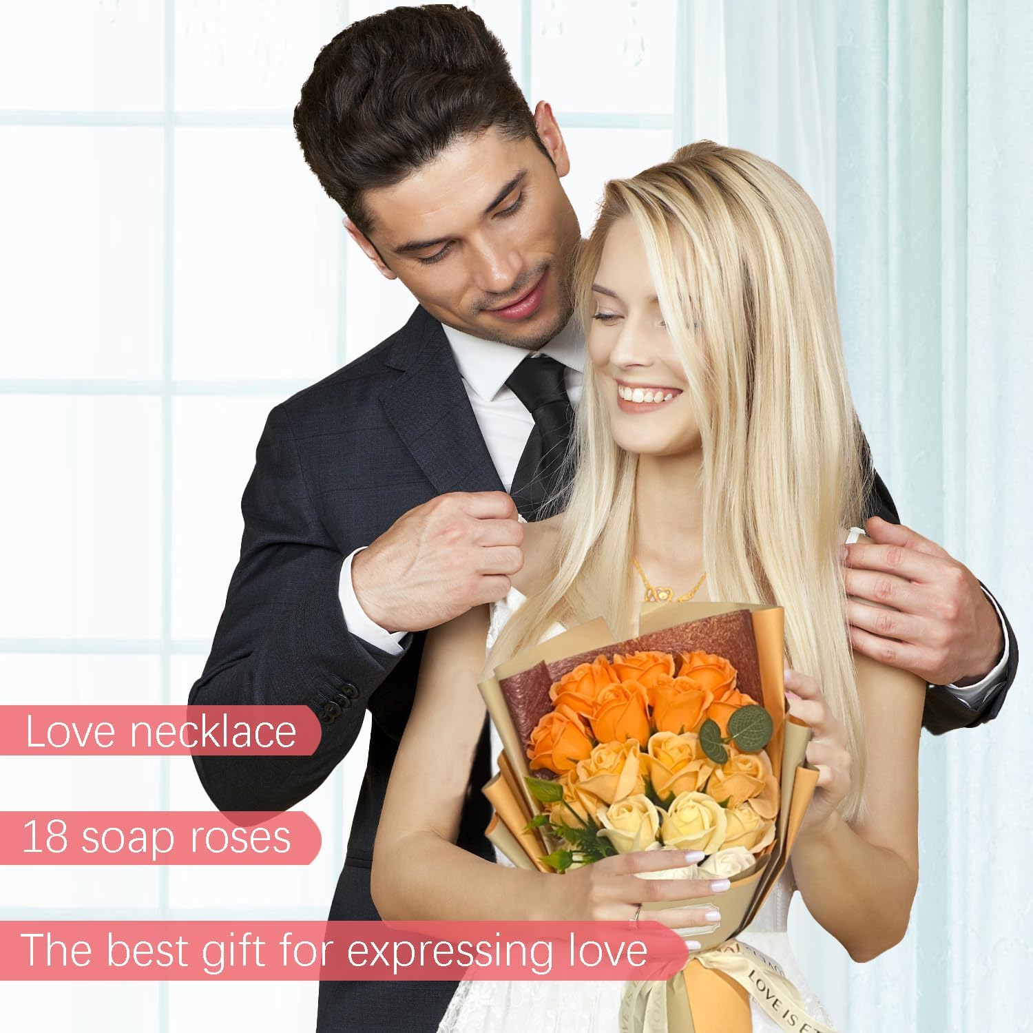 EIGHTOWN Roses Bouquet Artificial Flower - Preserved Orange Rose Flowers with Love Necklace for Her - Unique Gifts Valentine's Day, Mother's Day, Thanksgiving, Birthday, Anniversary image 3