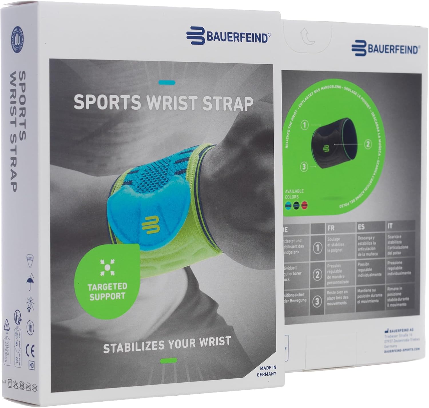 Bauerfeind Sports Wrist Strap - German Engineered Wrist Compression Support for Weightlifting, Crossfit, Tennis, Lifting - Adjustable Tightness Brace with 3D Airknit Fabric - 1 Per Box