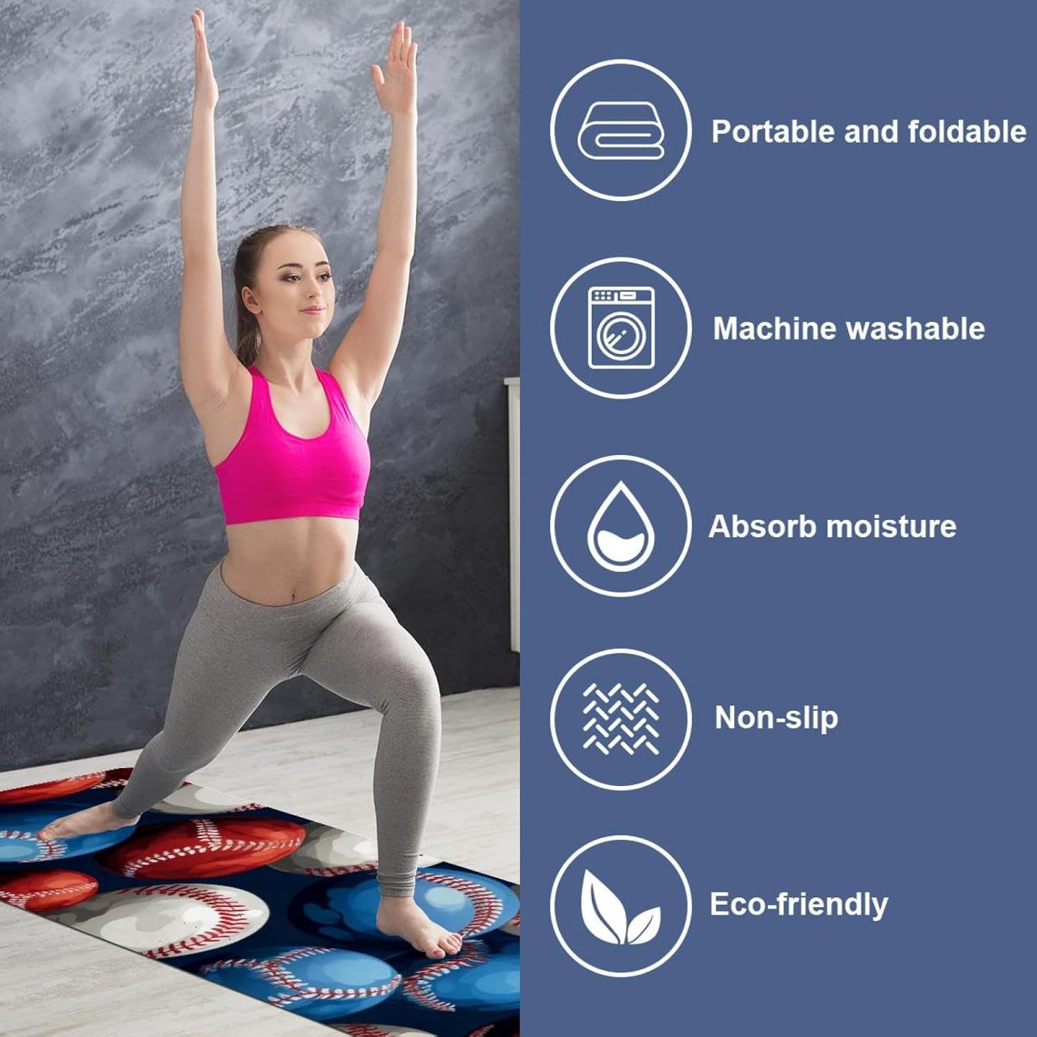 Yoga Towel, Baseball Pattern Non Slip Sweat Absorbent Hot Yoga Mat Towel for Hot Yoga, Pilates and Fitness - 72.8" x 26.8"