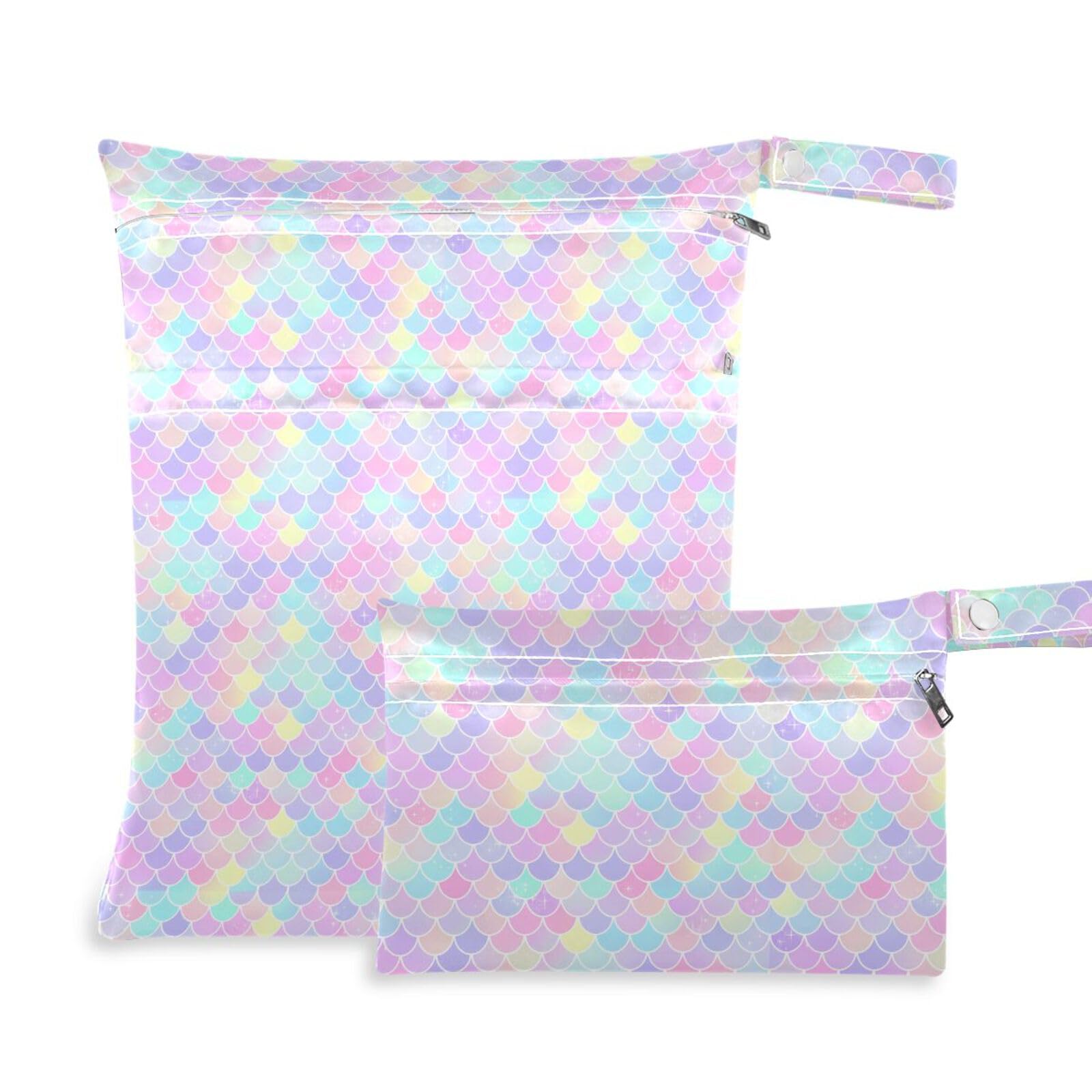 Coikll Wet Dry Bags for Cloth Diaper 2 Pack Waterproof Yoga Gym Bag for Swimsuit Wet Clothes Baby Items-?Rainbow Scales with Sparkles?