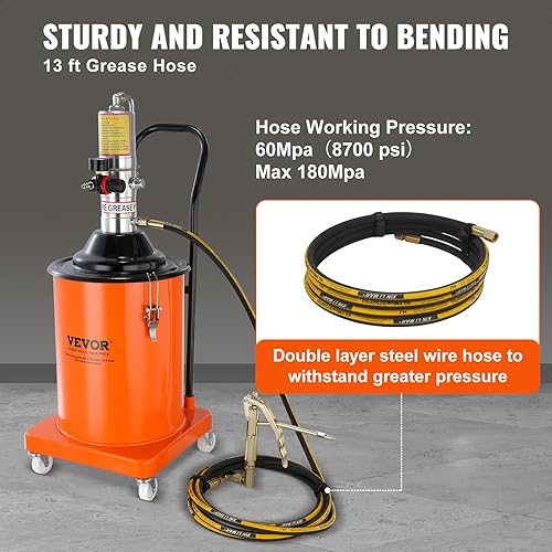 Miniatura 4 de VEVOR Bomba de grasa, bomba de grasa de aire de 5 galones con manguera de alta presión de 13 pies y pistola de engrase, bomba de grasa neumática de