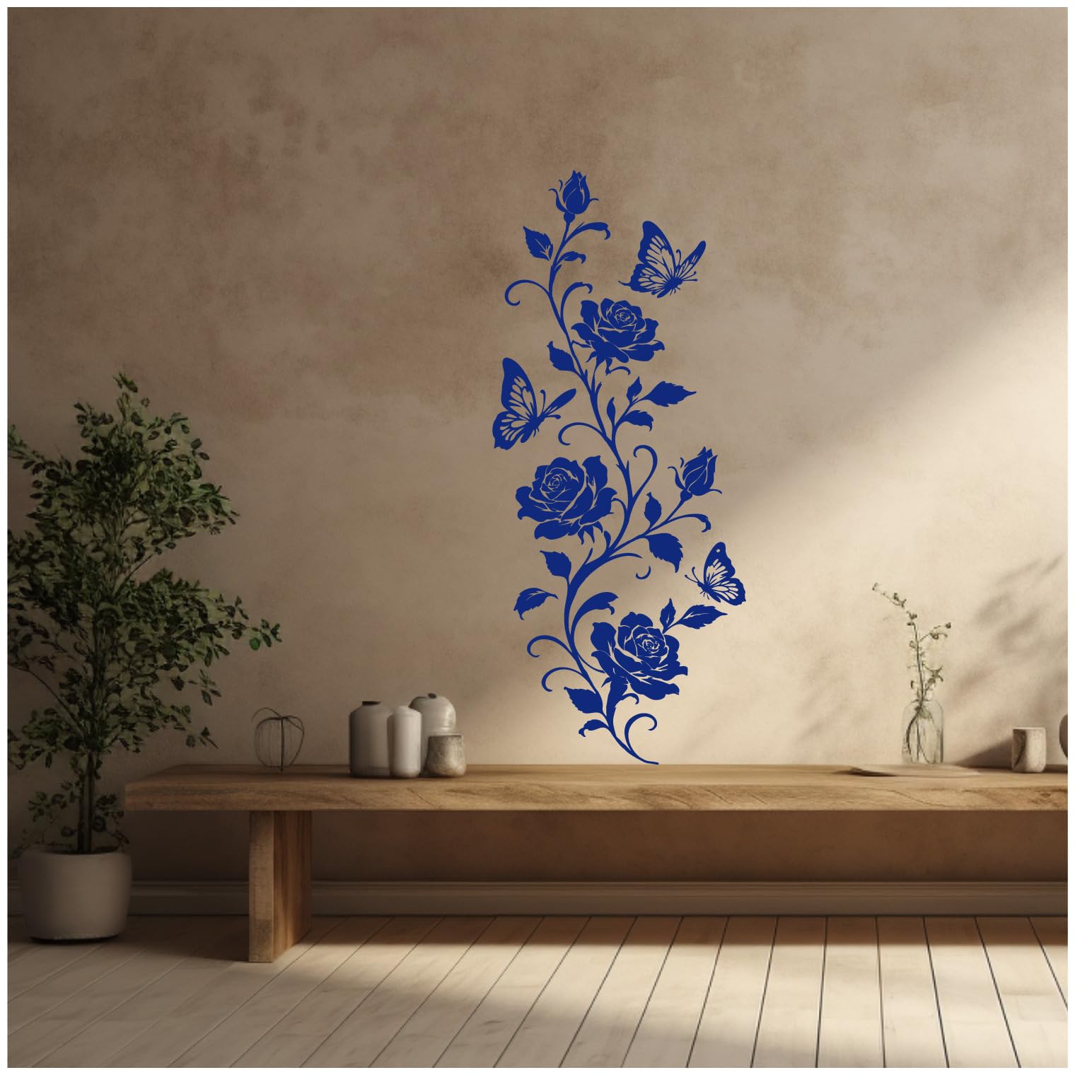 Samunshi® Wandtattoo Rosen Blumenranke mit Schmetterlingen Elegante Blumen Wanddekoration Florales Wandmotiv für Wohnzimmer, Schlafzimmer, Flur und Küche weiß 57 x 150cm