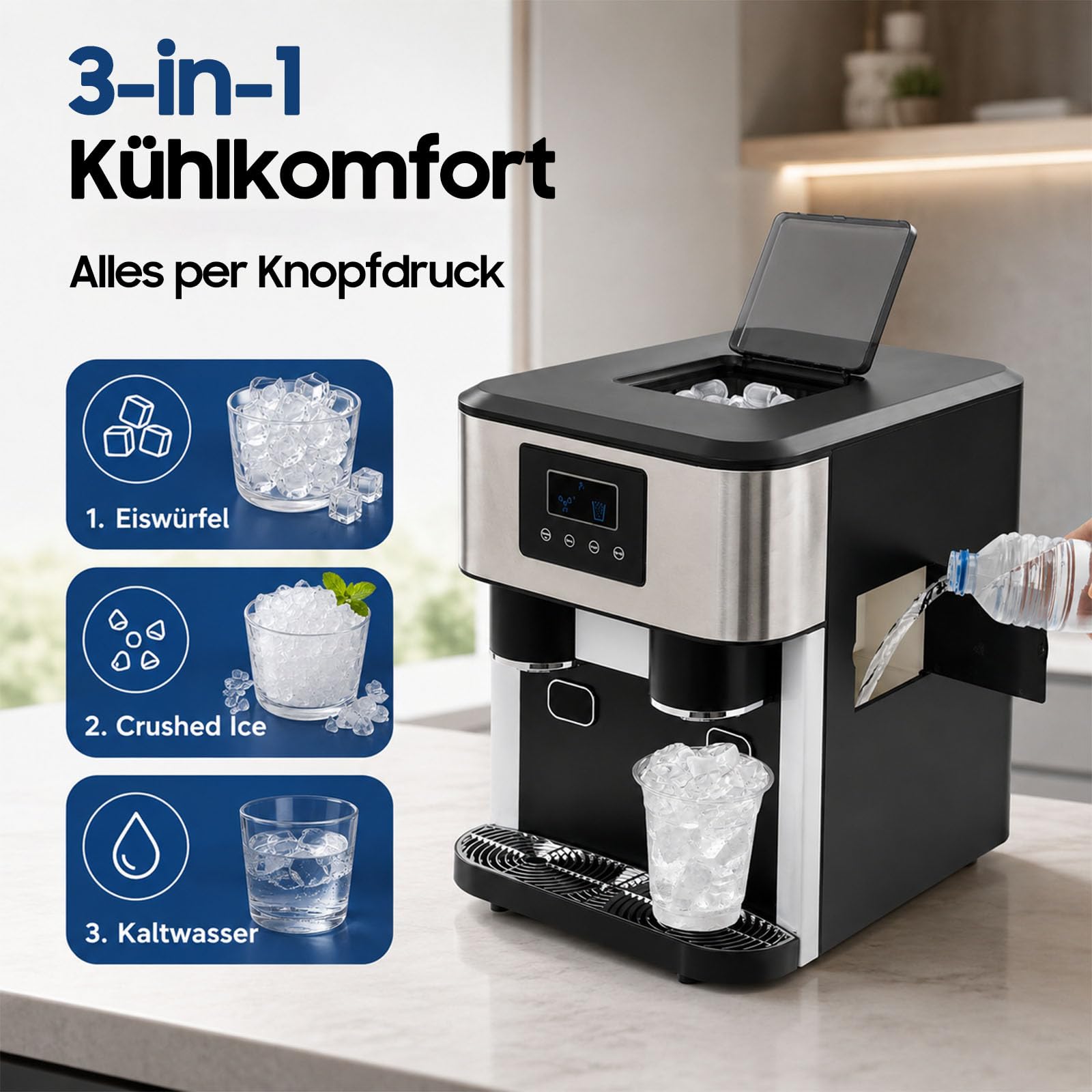 Máquina de hielo 3 en 1: máquina de hielo picada para hielo picado y cubitos de hielo, 10-15 kg de hielo al día en 8-12 minutos, 16 cubitos de hielo con control táctil LCD intuitivo, portátil y