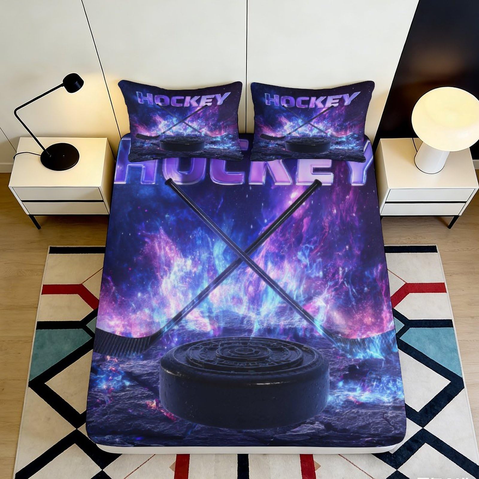 3D Printed Hockey Pattern Fitted Sheet Microfiber Soft Breathable Cosmic Flames Bed Cover for Bedroom Dormitory Guest Room Mattress Protection 200x200x25cm