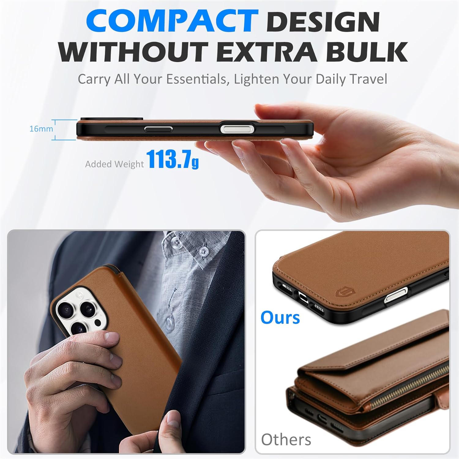 SHIELDON Slim Wallet Case for iPhone 16 Pro Max 6.9", Genuine Leather Slim Folio Magnetic Wireless Charging Card Holder Shock-Absorbent Cover Compatible with iPhone 16 Pro Max - Saddle Brown - Image 3