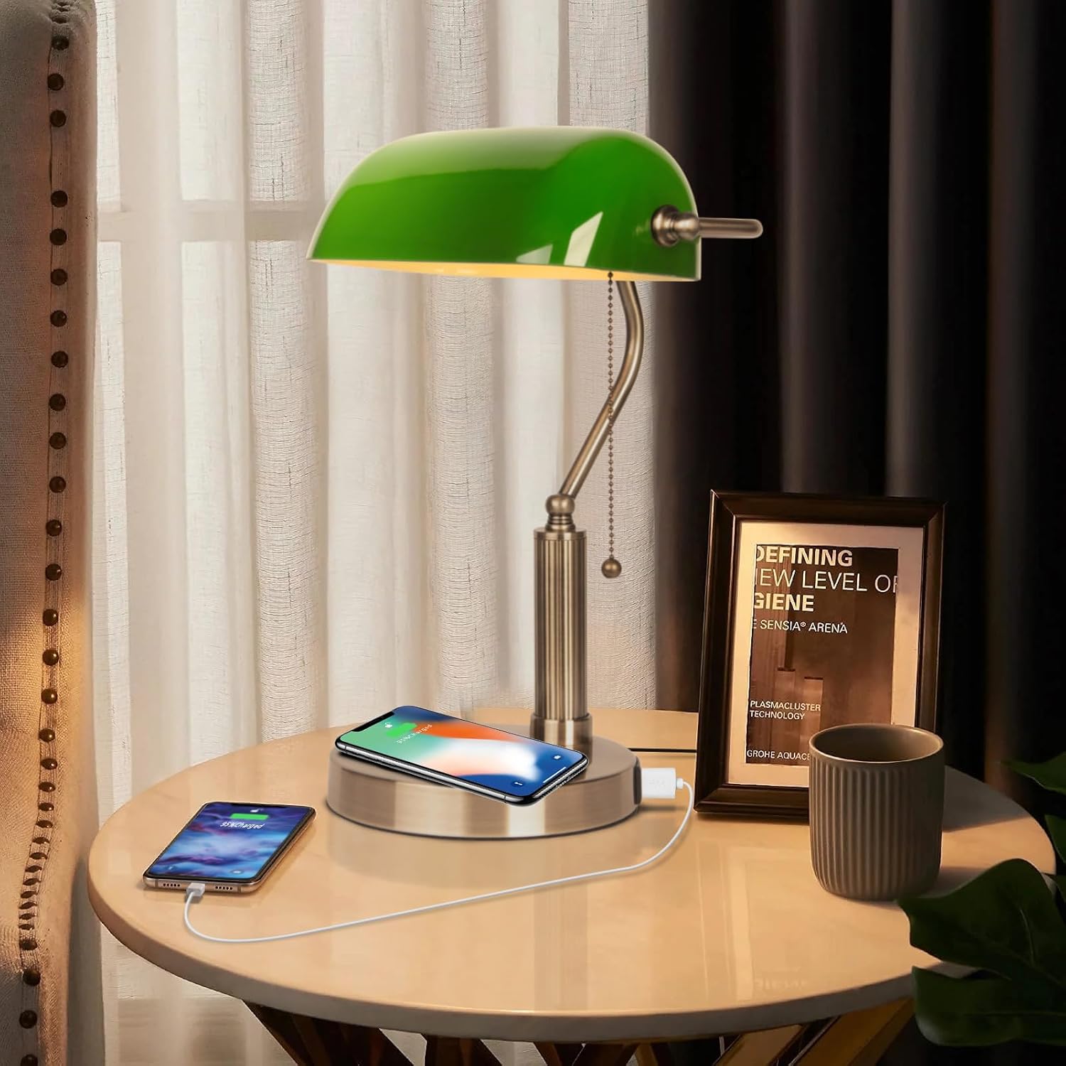 FIRVRE Glass Bankers Desk Lamp USB Wireless Charging Port LED Desk Lamp Classic Retro Pull Chain Switch Table lamp Reading Modern for Home Office nightstand Bedside Study Desk Library (Green)