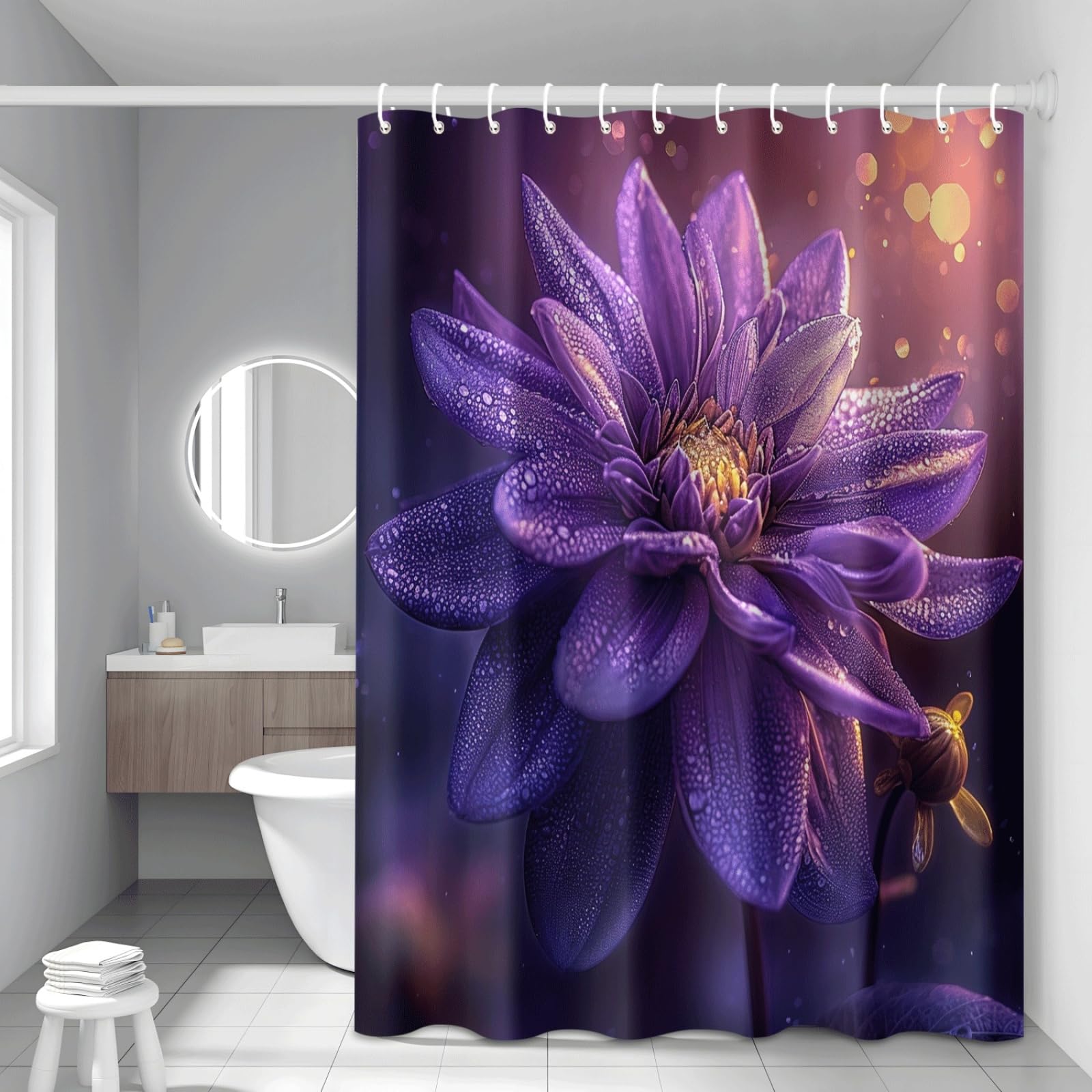 Shower Curtain Golden Purple Plant Mould Resistant Shower Curtains for Bathroom Washable Polyester Bathroom Curtains Decor Wet Room Quick Dry Anti Mould Bath Curtain with 12 Hooks 180x220cm