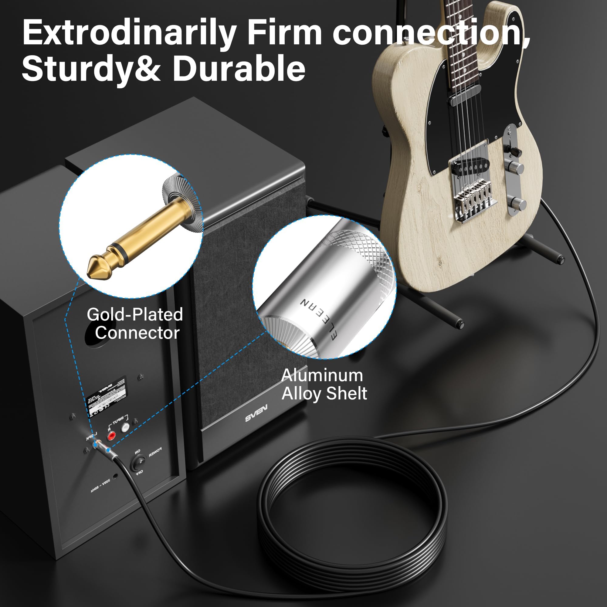 Elecan Cable de guitarra premium de 6,35 mm, 30 pies/2 unidades, cable de instrumento TS de 1/4 pulgadas a 1/4, conector mono de 12 AWG, cable AMP de bajo desequilibrado macho a macho para guitarra