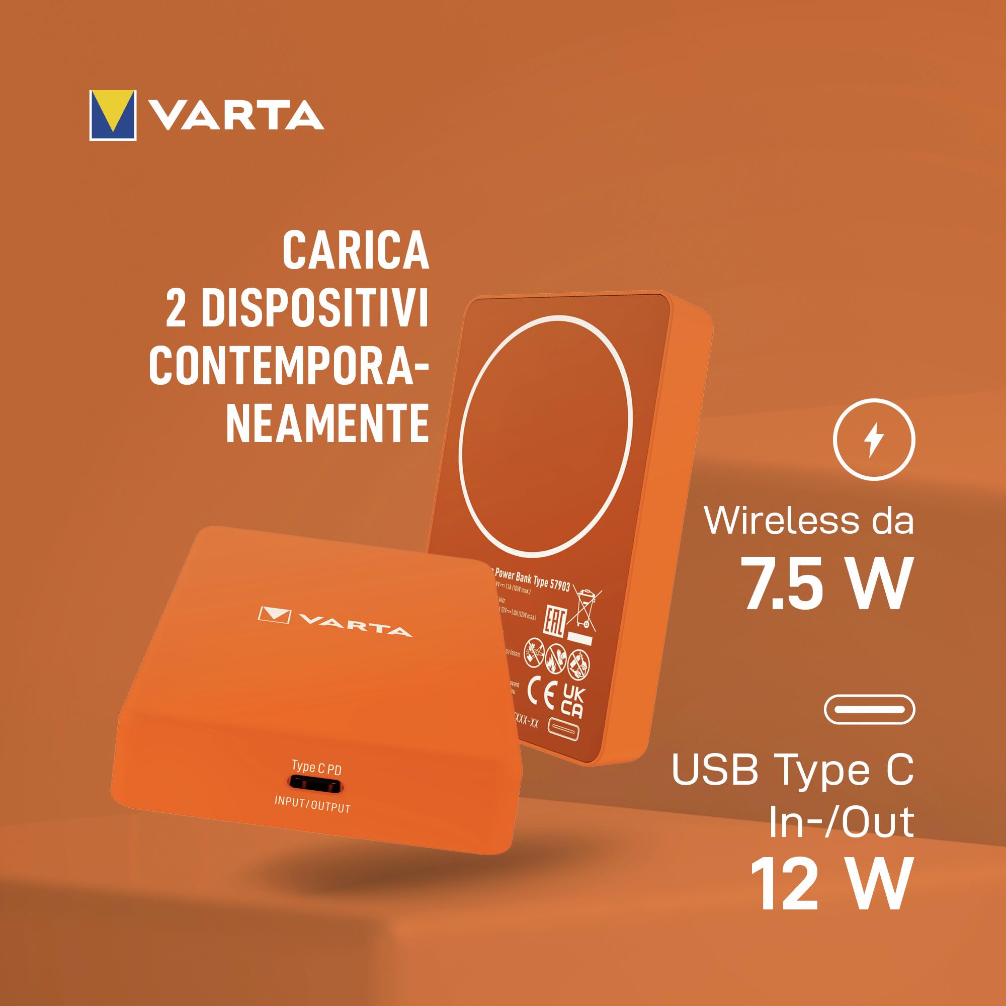 VARTA Power Bank 5.000mAh, powerbank magnetico, Mag Pro Power on Demand, caricabatterie portatile con USB C, compatibile con MagSafe e Qi Standard (per compatibilità con iPhone e Android), arancia | Power on Demand, ricarica wireless MagSafe e Qi, caricab