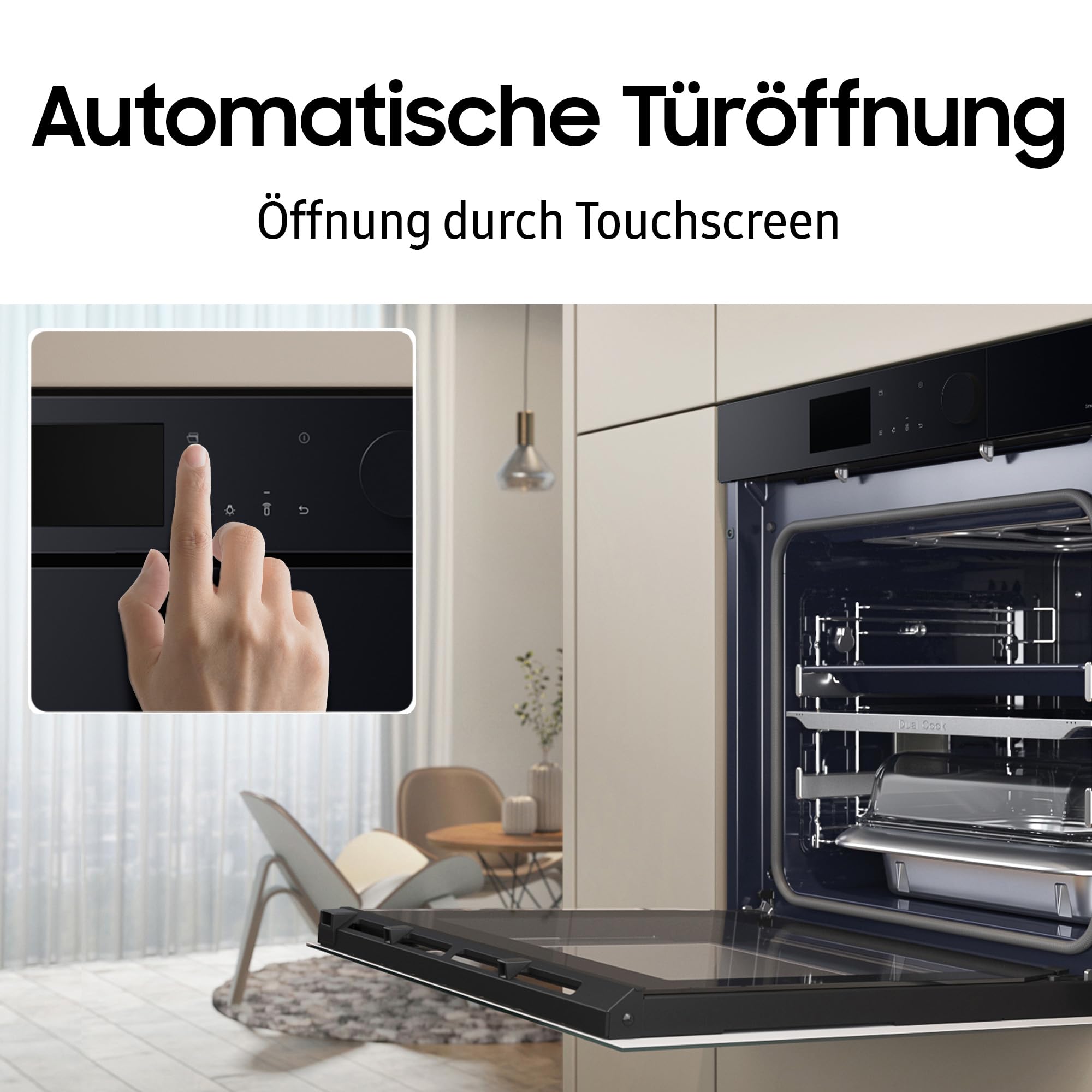 Samsung NV7B7997ADK/U1 Dual Cook Einbaubackofen, Dampfgaren mit 700-ml-Wassertank, 76 l, Pyrolytische Selbstreinigung, Automatische Türöffnung, Kamera, SmartThings Cooking, Air Fry, Schwarzes Glas