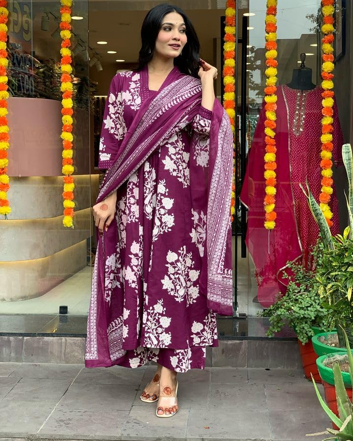 Toochki Dress For Women | Kurta Pant And Dupatta Set | Floral Printed Ethnic Dresses | Three Piece Embroidered | Ethnic Suit Set For Women | Cotton (Tkcbl-Mu-327-Wn-Etdg Parent)