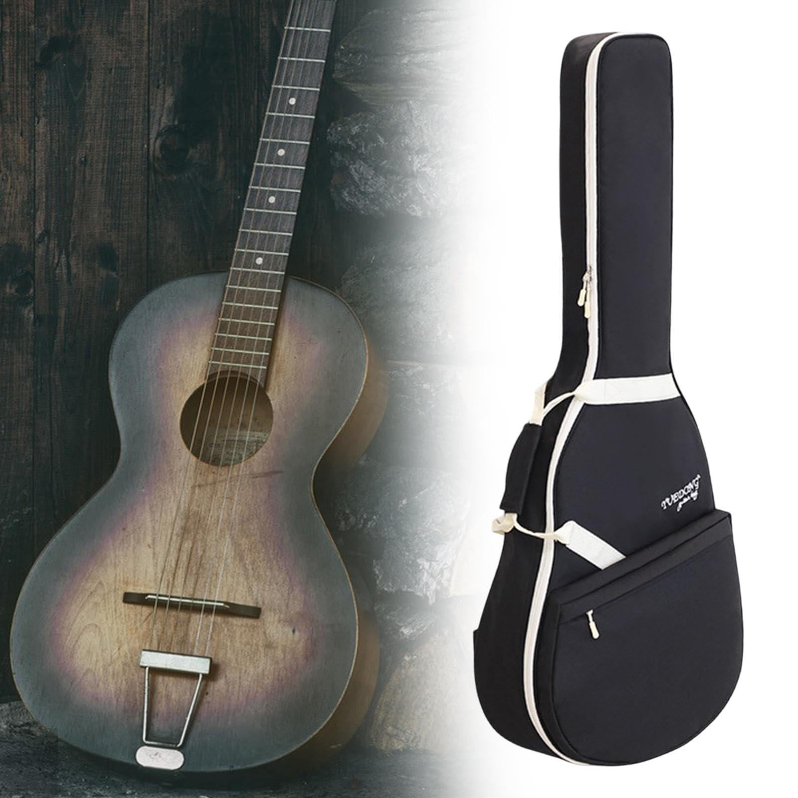 E Gitarren Tasche mit Großem Frontfach Oxfordstoff Polsterung Doppelschultergurte Staubschutz Wasserabweisender Schutz für Schüler Musikunterricht Büh, Schwarz-weiss