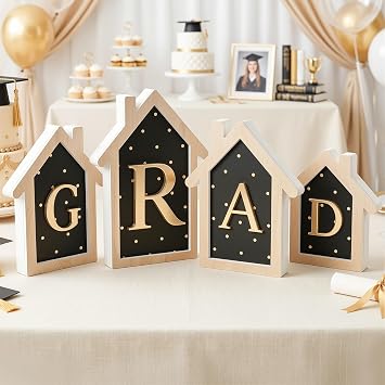 OLANRUN Graduation Decorations, Class of 2026 Decoration 3D Wooden House Shape Signs, 4 Pcs Black and Gold Wooden Graduation Party Decorations 2026 for High School College