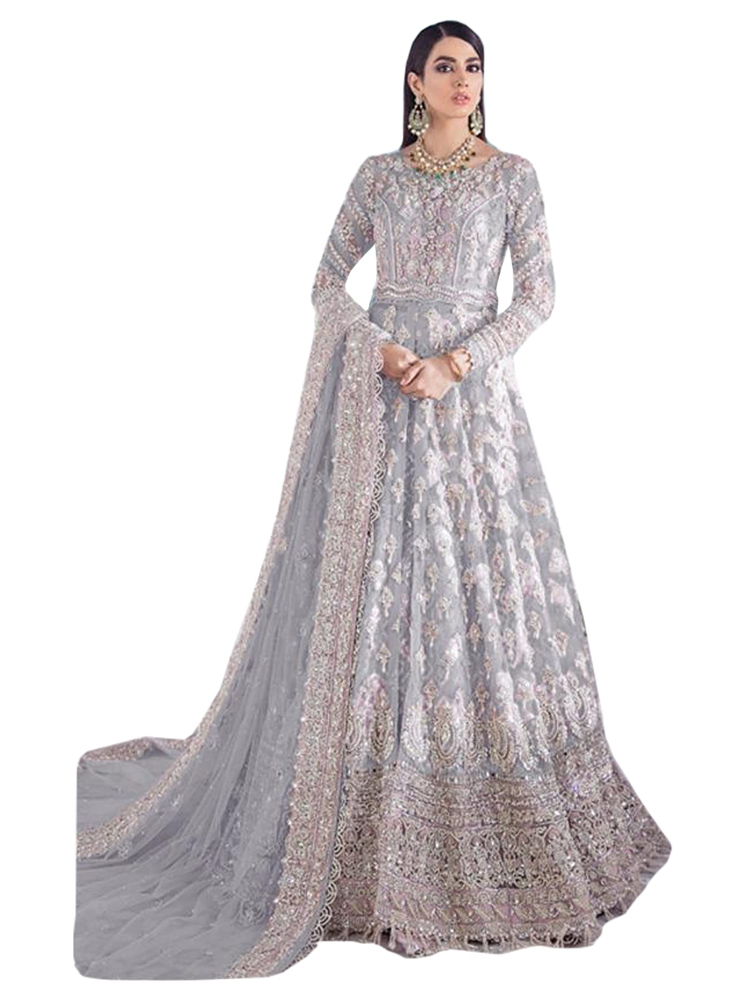 ETHNIC EMPORIUMMuslim Woman Abaya Bridal wedding Long Net Silver Sequin Embellished Pakistani Anarkali dress 1120