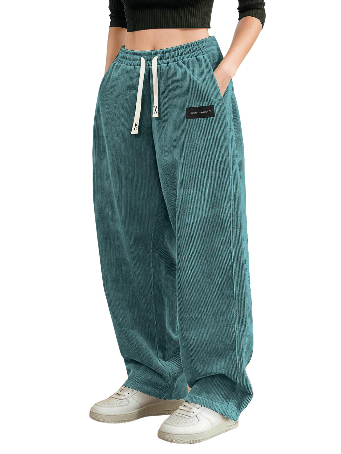 Hidkat Damen Cordhose, lässige, Bequeme Hose mit weitem Bein, elastischem Bund, Kordelzug und Mehreren Taschen