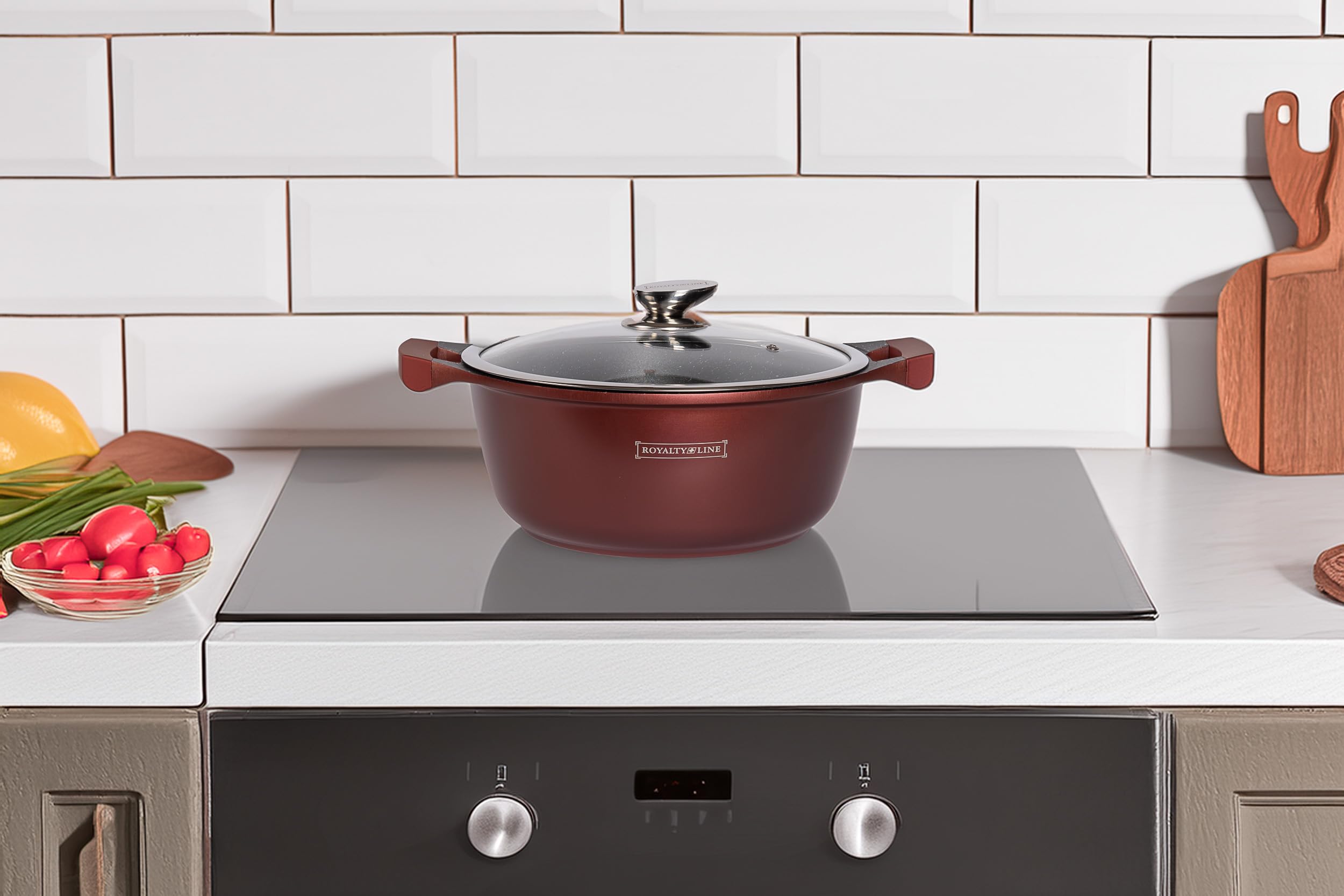 ROYALTY LINE, Juego de 13 piezas, Batería de cocina de aluminio fundido, revestimiento marmolado, con mangos de silicona extraíbles, compatible con todas las fuentes de calor, Color bronce