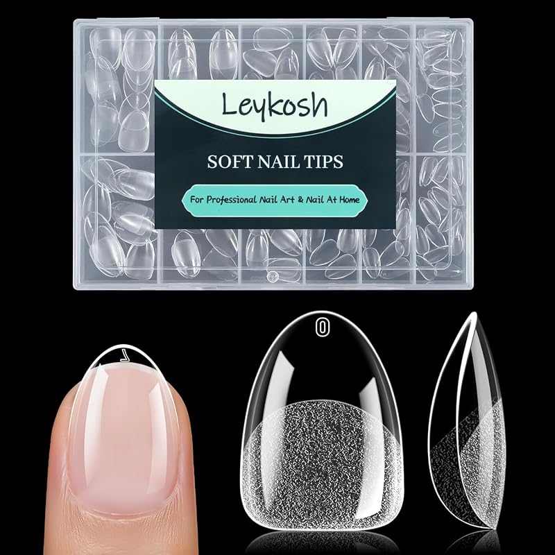 LEYKOSH Extra Short Almond Nail Tips, 216pcs Full Cover Soft Gel, 12 Sizes | 70-grit pre-sanded matte clear tips save filing time, with full-cover soft gel fit for DIY extensions and salon manicures.