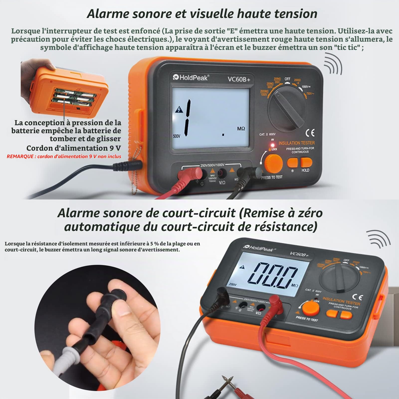 Testeur de Résistance D'isolement, LCD Numérique Megohmmeter Résistance D'isolement 2000MΩ, MegOhmmeter 1999 Counts DC/AC Voltmeter, Tension de Test 250V/500V/1000V, Indication de Haute Tension